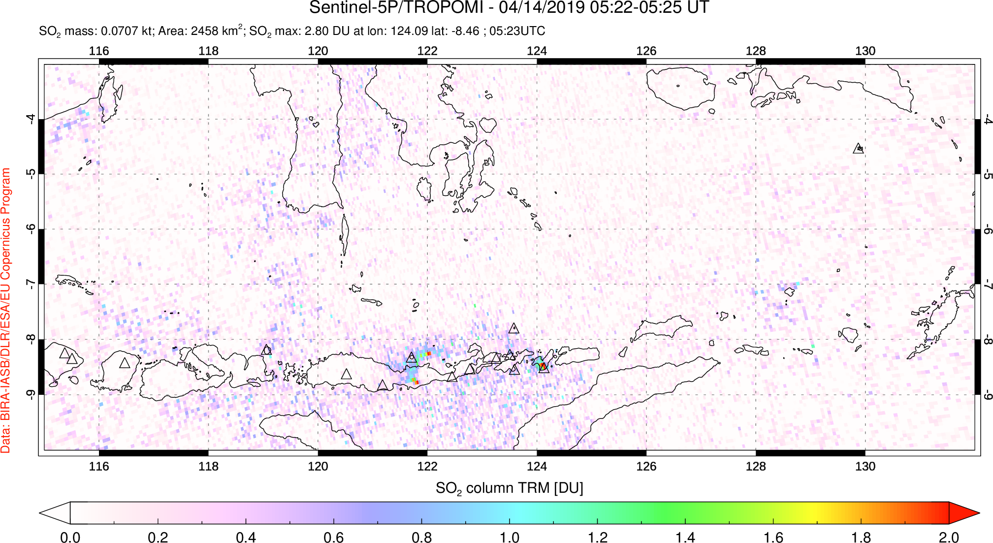 A sulfur dioxide image over Lesser Sunda Islands, Indonesia on Apr 14, 2019.
