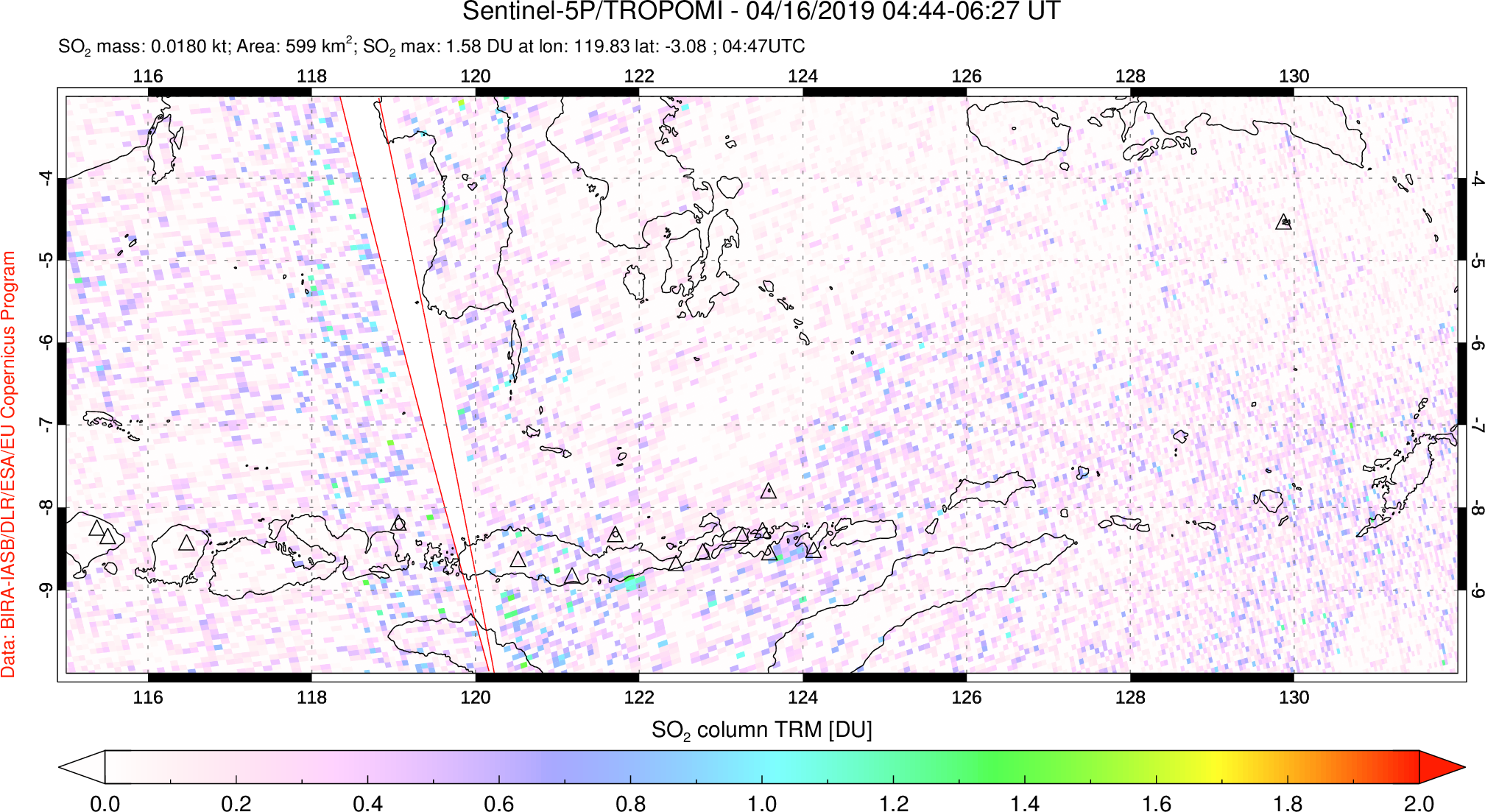A sulfur dioxide image over Lesser Sunda Islands, Indonesia on Apr 16, 2019.