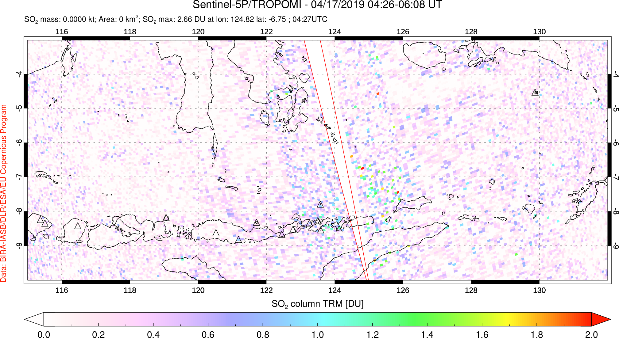 A sulfur dioxide image over Lesser Sunda Islands, Indonesia on Apr 17, 2019.