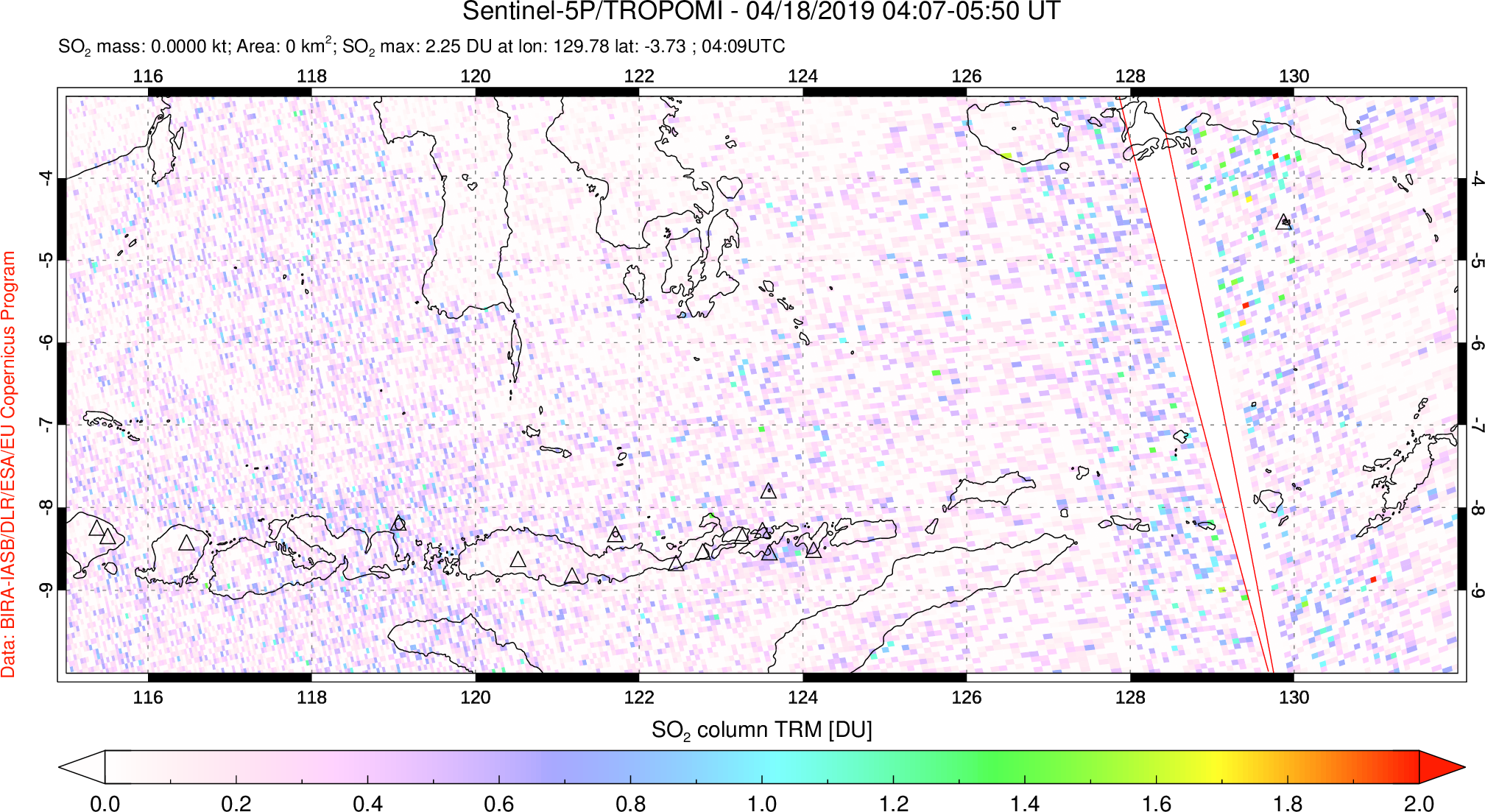 A sulfur dioxide image over Lesser Sunda Islands, Indonesia on Apr 18, 2019.