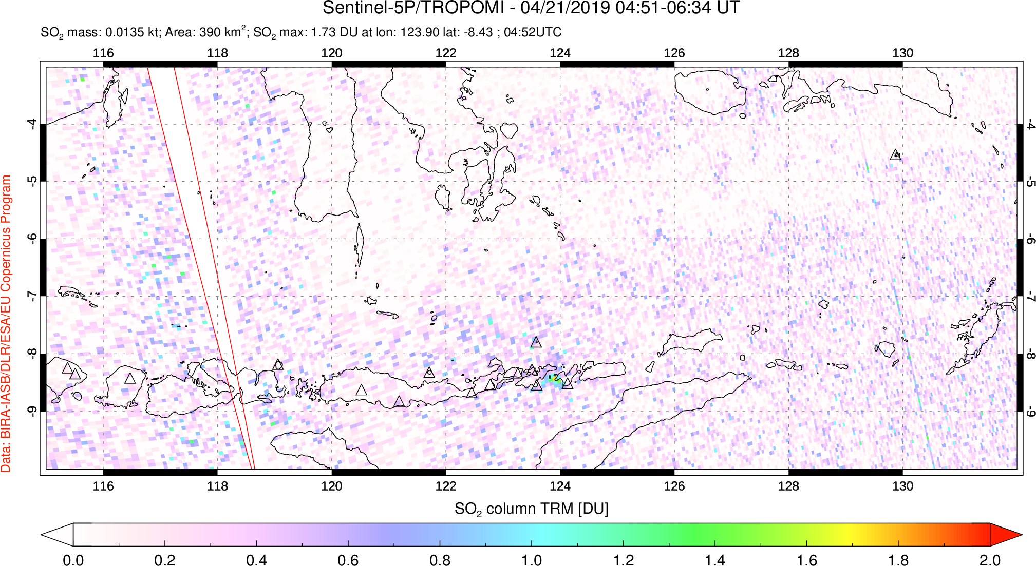 A sulfur dioxide image over Lesser Sunda Islands, Indonesia on Apr 21, 2019.