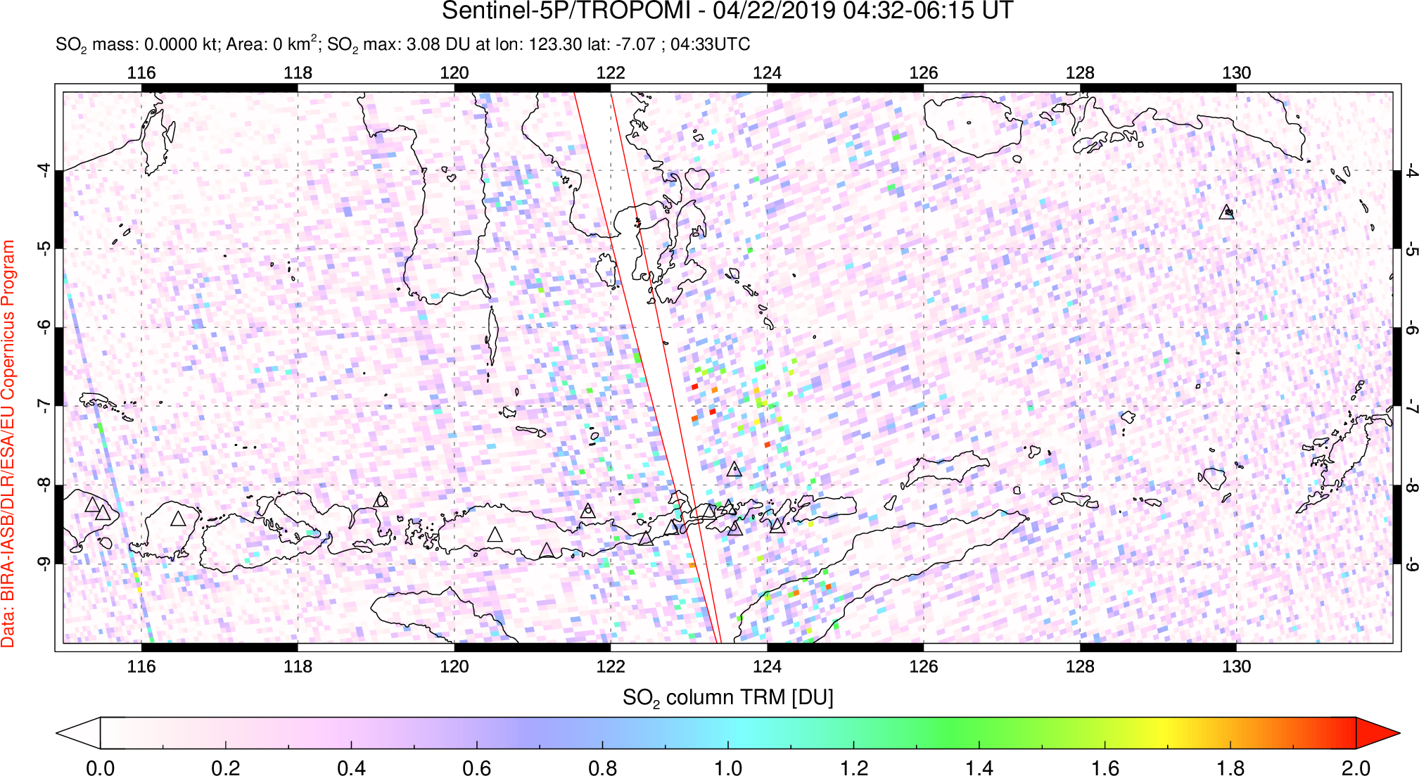 A sulfur dioxide image over Lesser Sunda Islands, Indonesia on Apr 22, 2019.