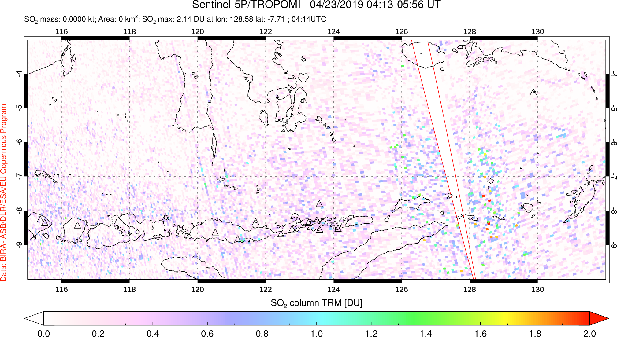 A sulfur dioxide image over Lesser Sunda Islands, Indonesia on Apr 23, 2019.