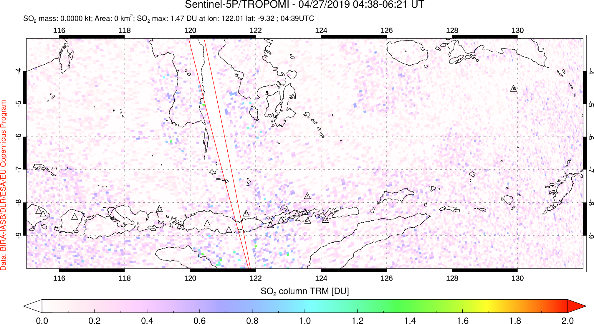 A sulfur dioxide image over Lesser Sunda Islands, Indonesia on Apr 27, 2019.