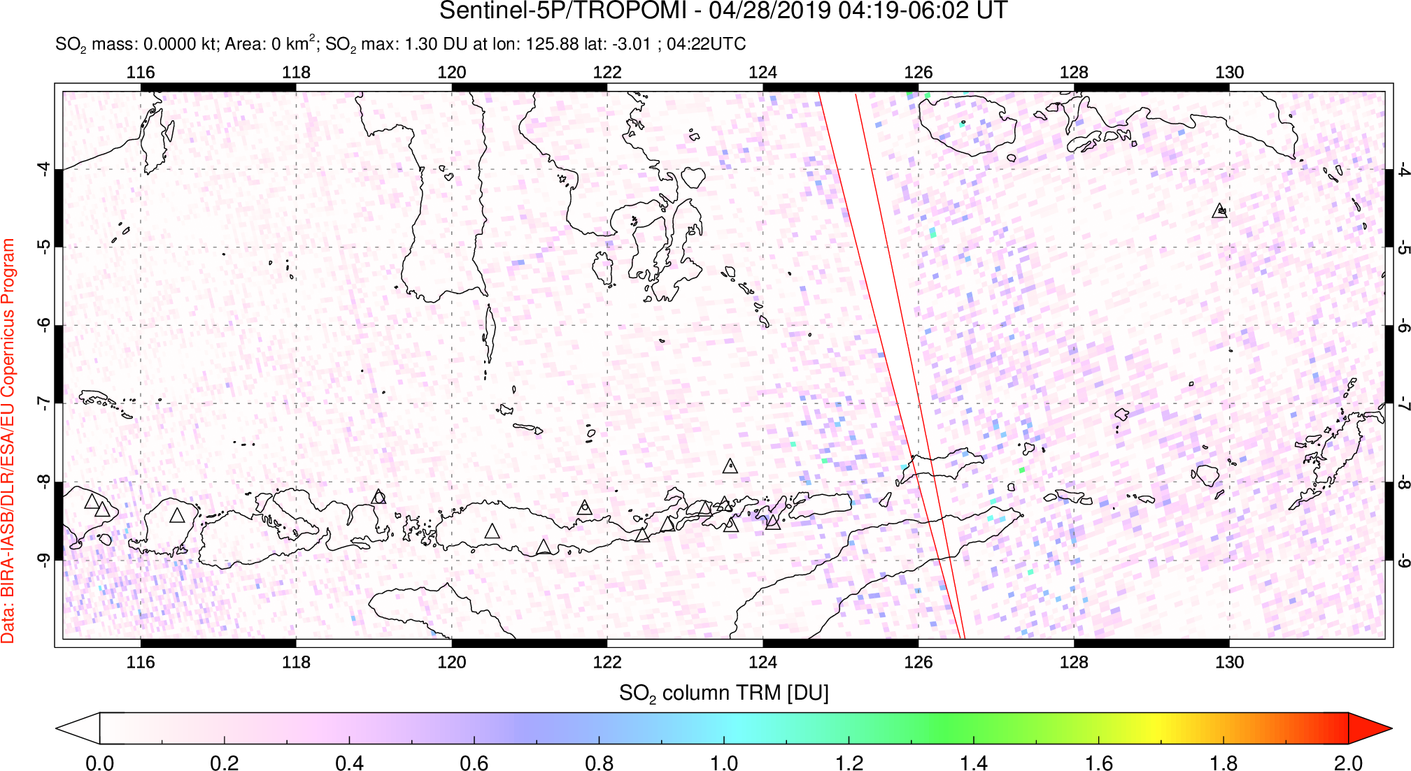 A sulfur dioxide image over Lesser Sunda Islands, Indonesia on Apr 28, 2019.