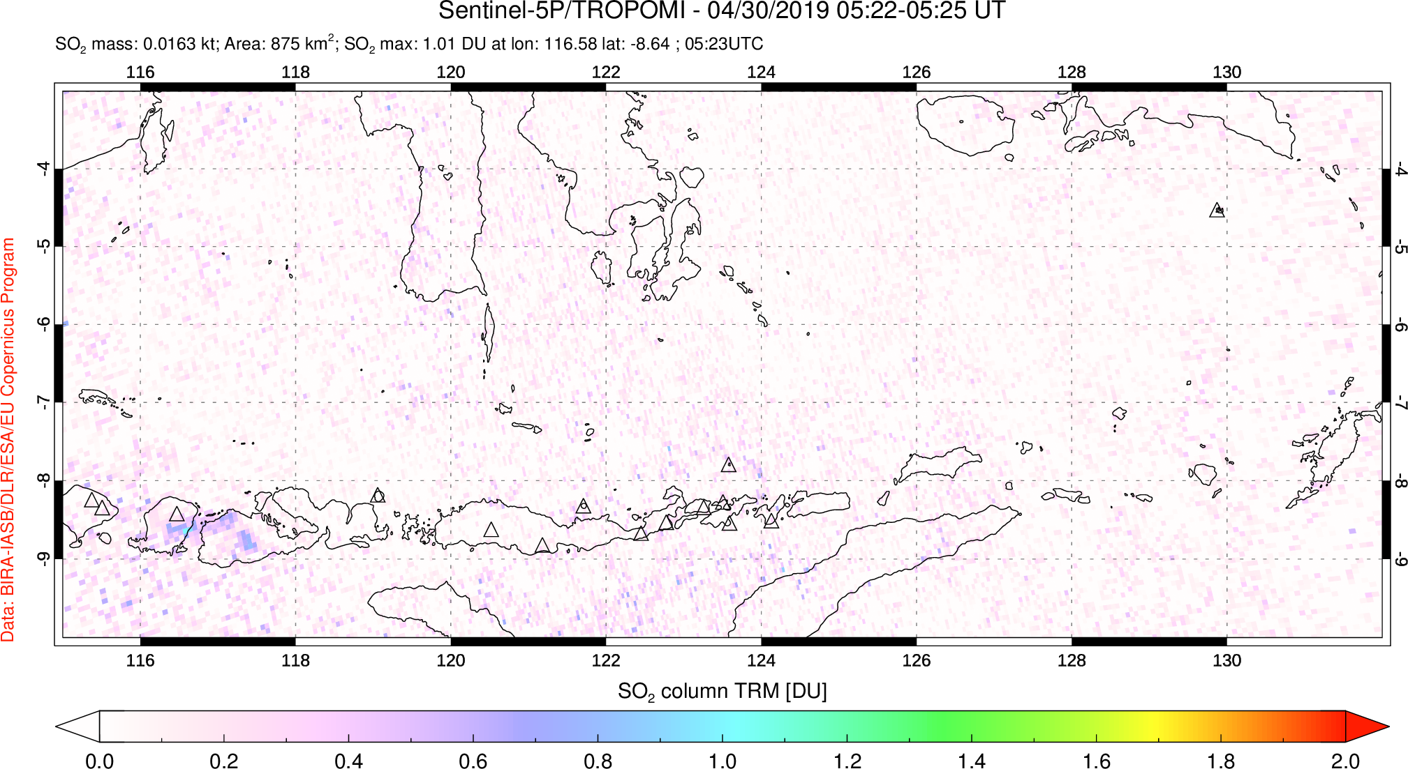 A sulfur dioxide image over Lesser Sunda Islands, Indonesia on Apr 30, 2019.