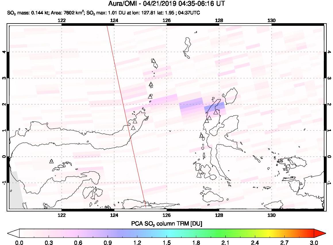 A sulfur dioxide image over Northern Sulawesi & Halmahera, Indonesia on Apr 21, 2019.