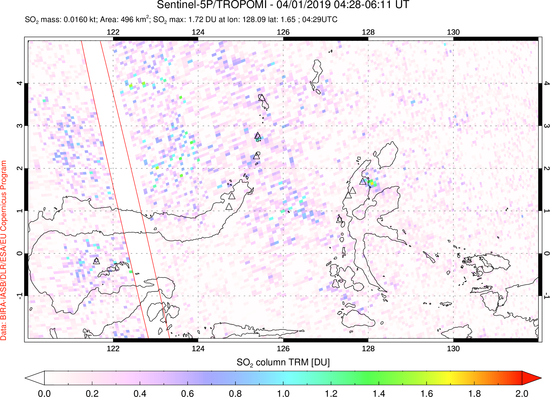 A sulfur dioxide image over Northern Sulawesi & Halmahera, Indonesia on Apr 01, 2019.