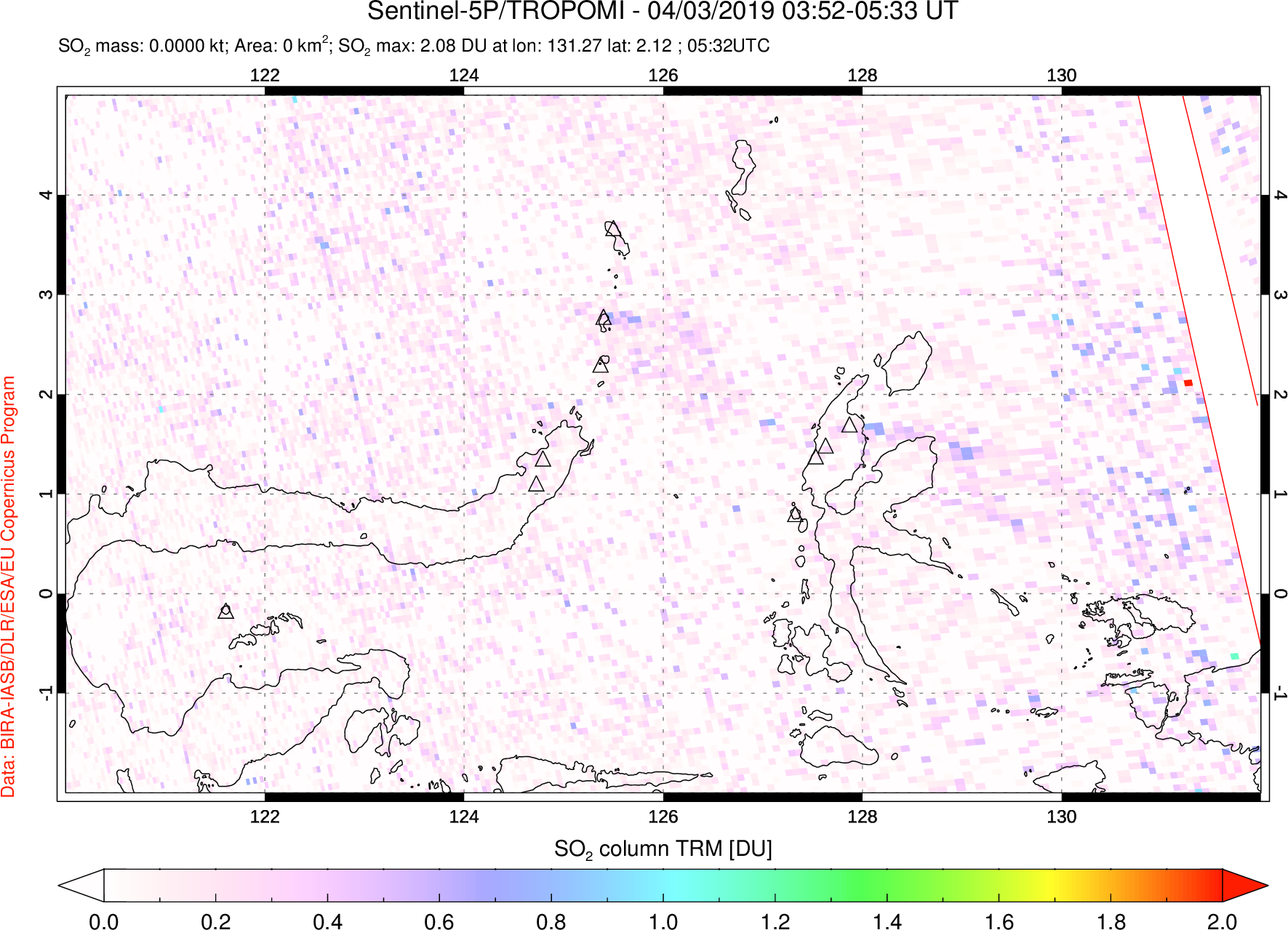A sulfur dioxide image over Northern Sulawesi & Halmahera, Indonesia on Apr 03, 2019.