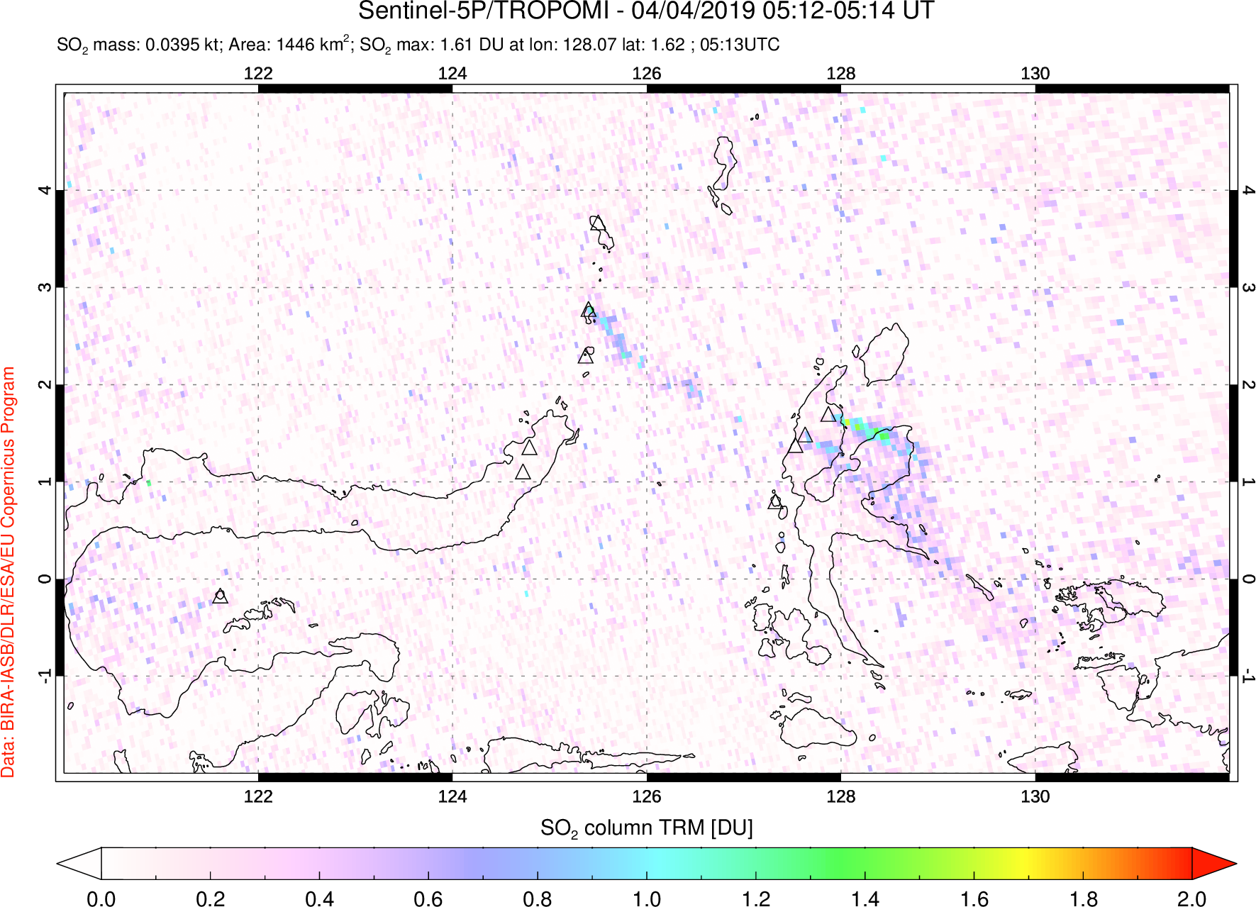 A sulfur dioxide image over Northern Sulawesi & Halmahera, Indonesia on Apr 04, 2019.