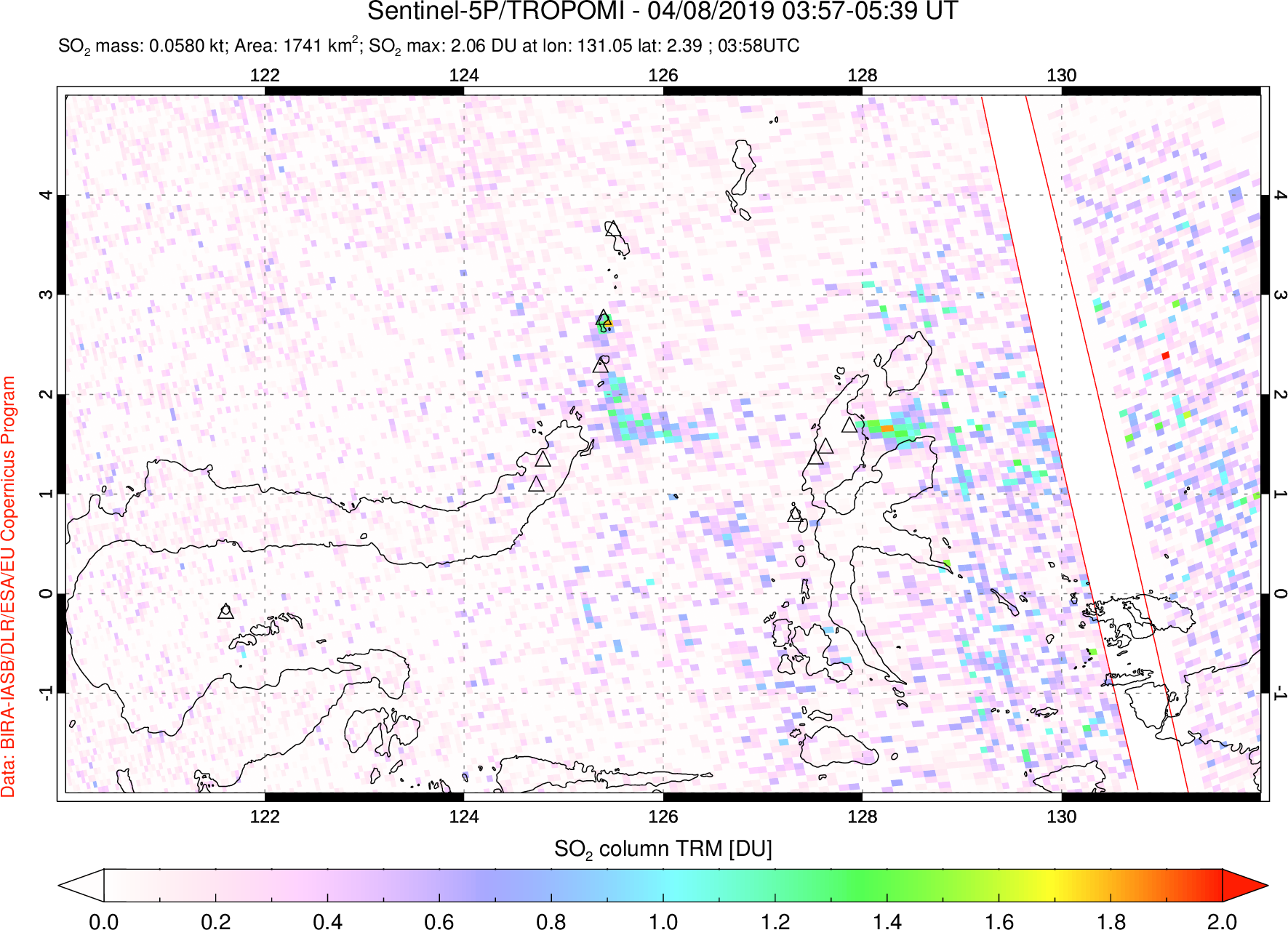 A sulfur dioxide image over Northern Sulawesi & Halmahera, Indonesia on Apr 08, 2019.