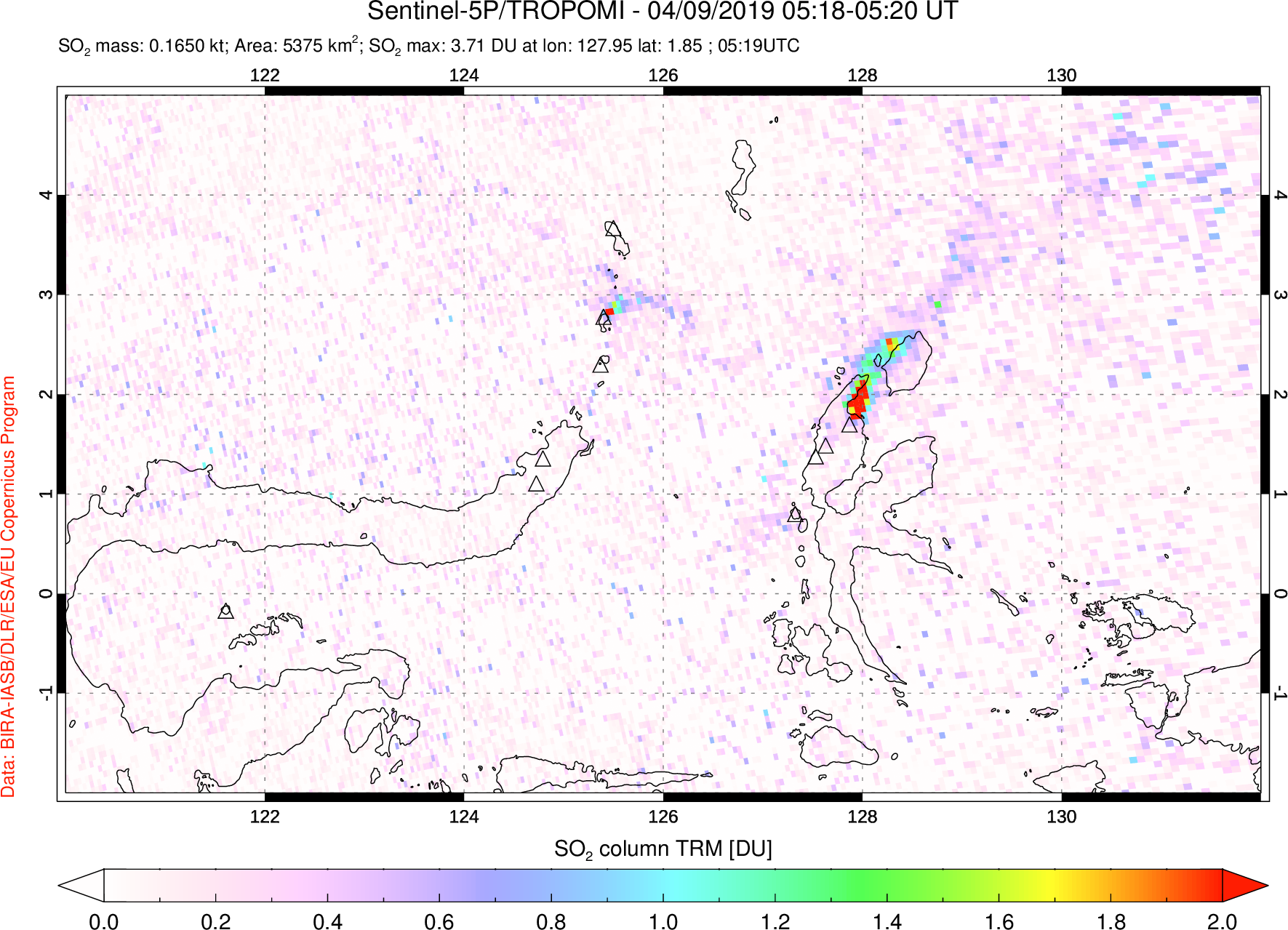 A sulfur dioxide image over Northern Sulawesi & Halmahera, Indonesia on Apr 09, 2019.