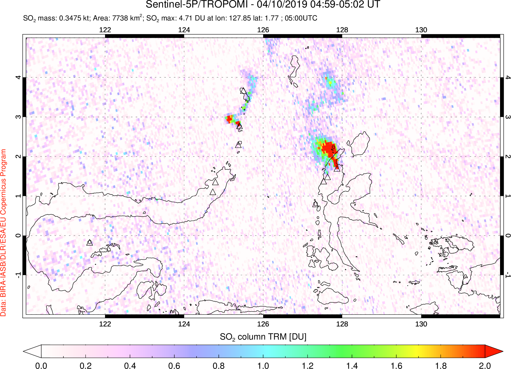 A sulfur dioxide image over Northern Sulawesi & Halmahera, Indonesia on Apr 10, 2019.