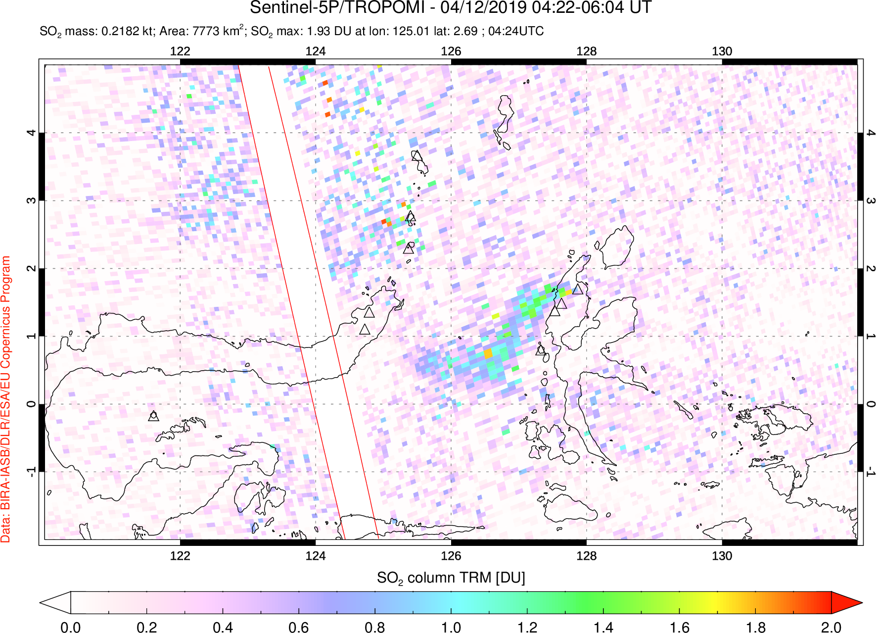 A sulfur dioxide image over Northern Sulawesi & Halmahera, Indonesia on Apr 12, 2019.