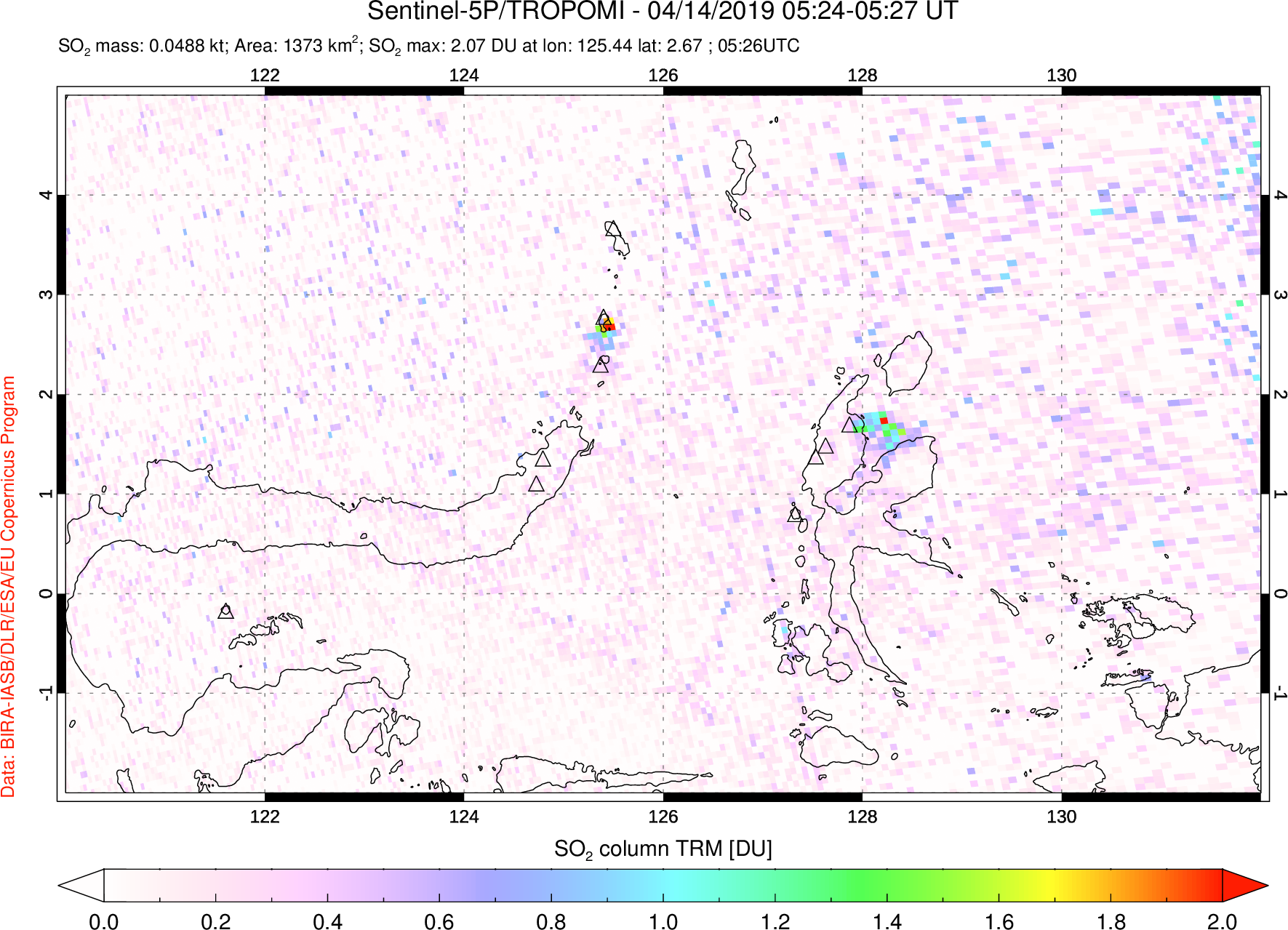 A sulfur dioxide image over Northern Sulawesi & Halmahera, Indonesia on Apr 14, 2019.