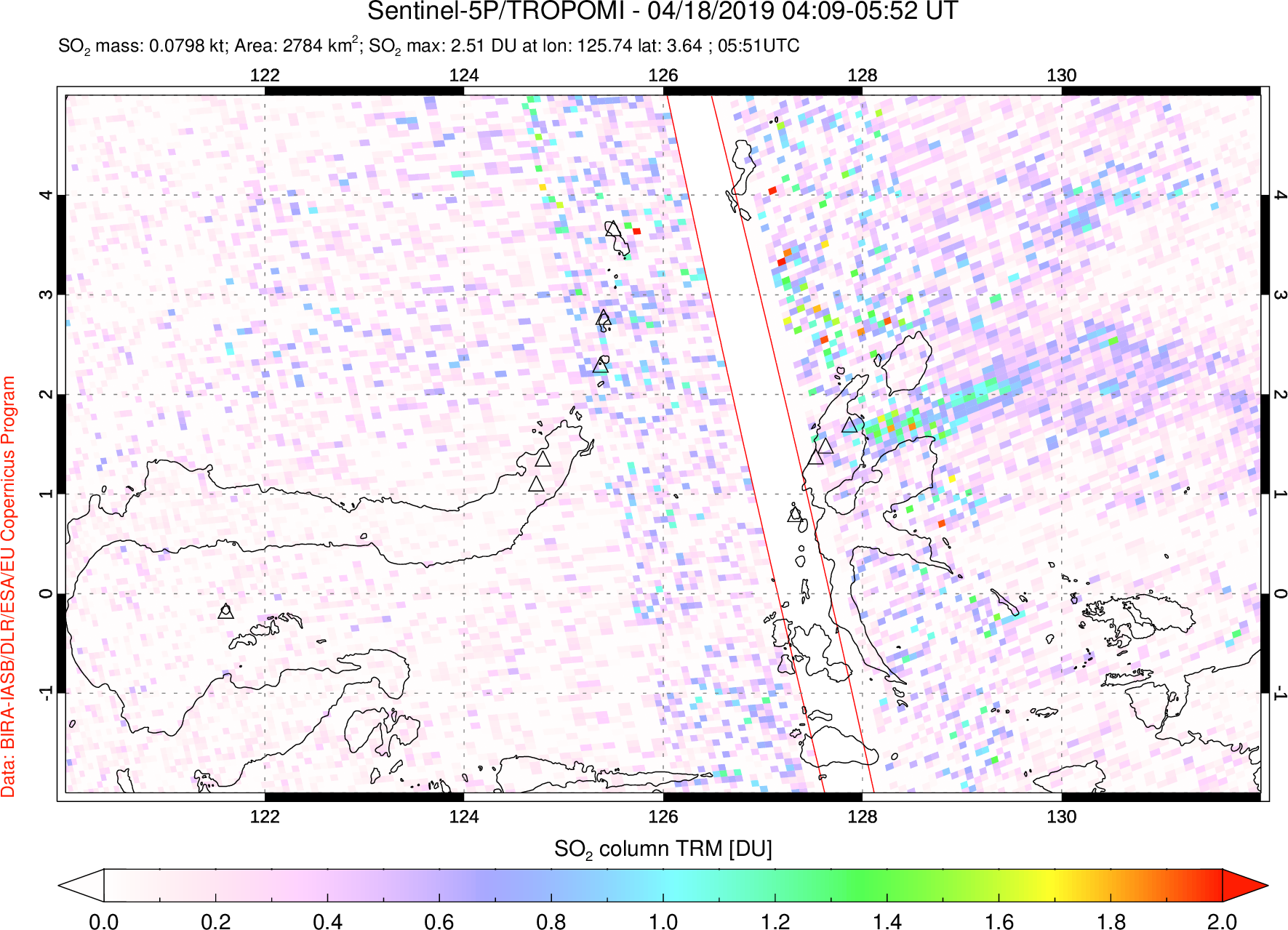 A sulfur dioxide image over Northern Sulawesi & Halmahera, Indonesia on Apr 18, 2019.