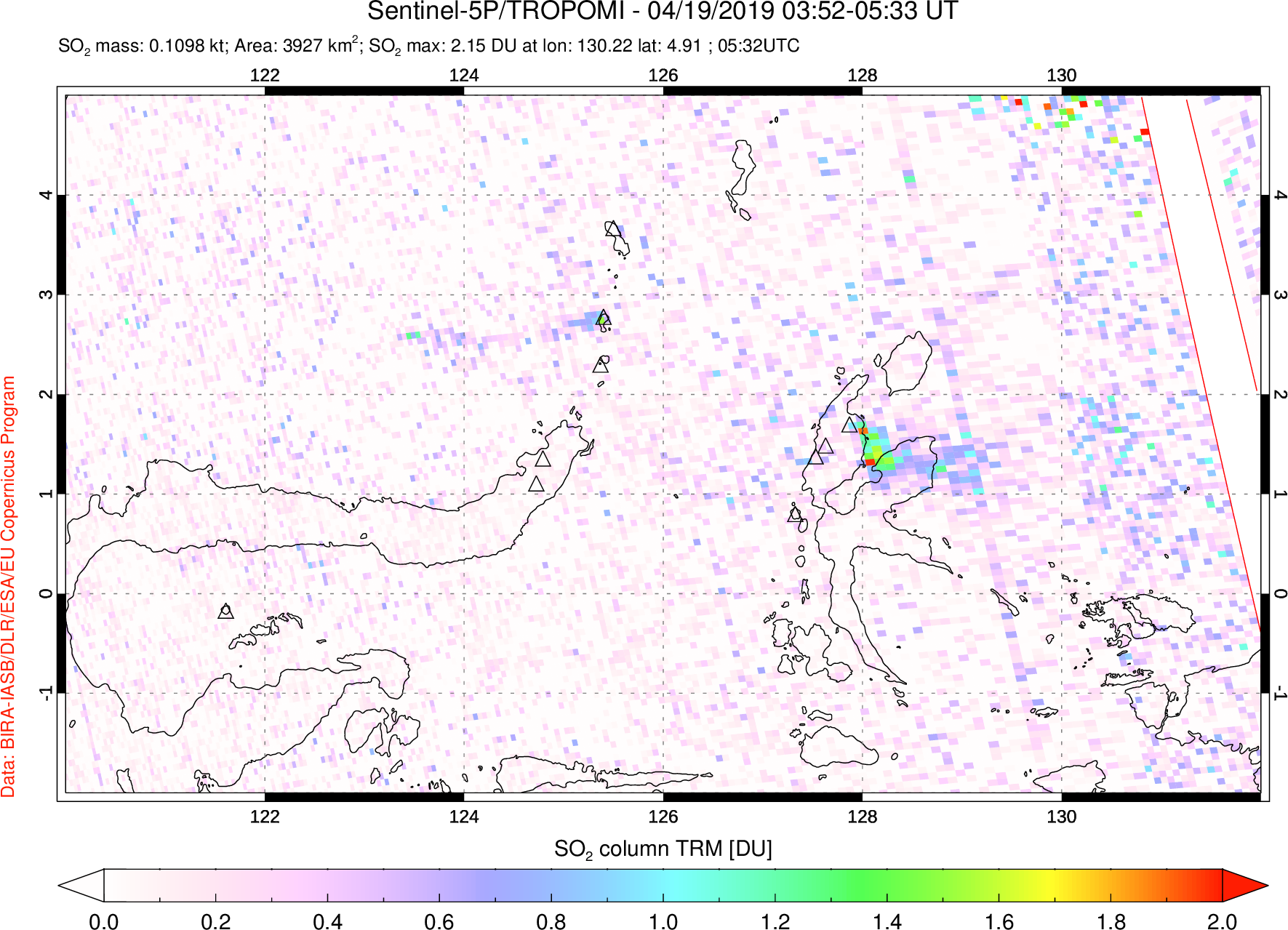 A sulfur dioxide image over Northern Sulawesi & Halmahera, Indonesia on Apr 19, 2019.