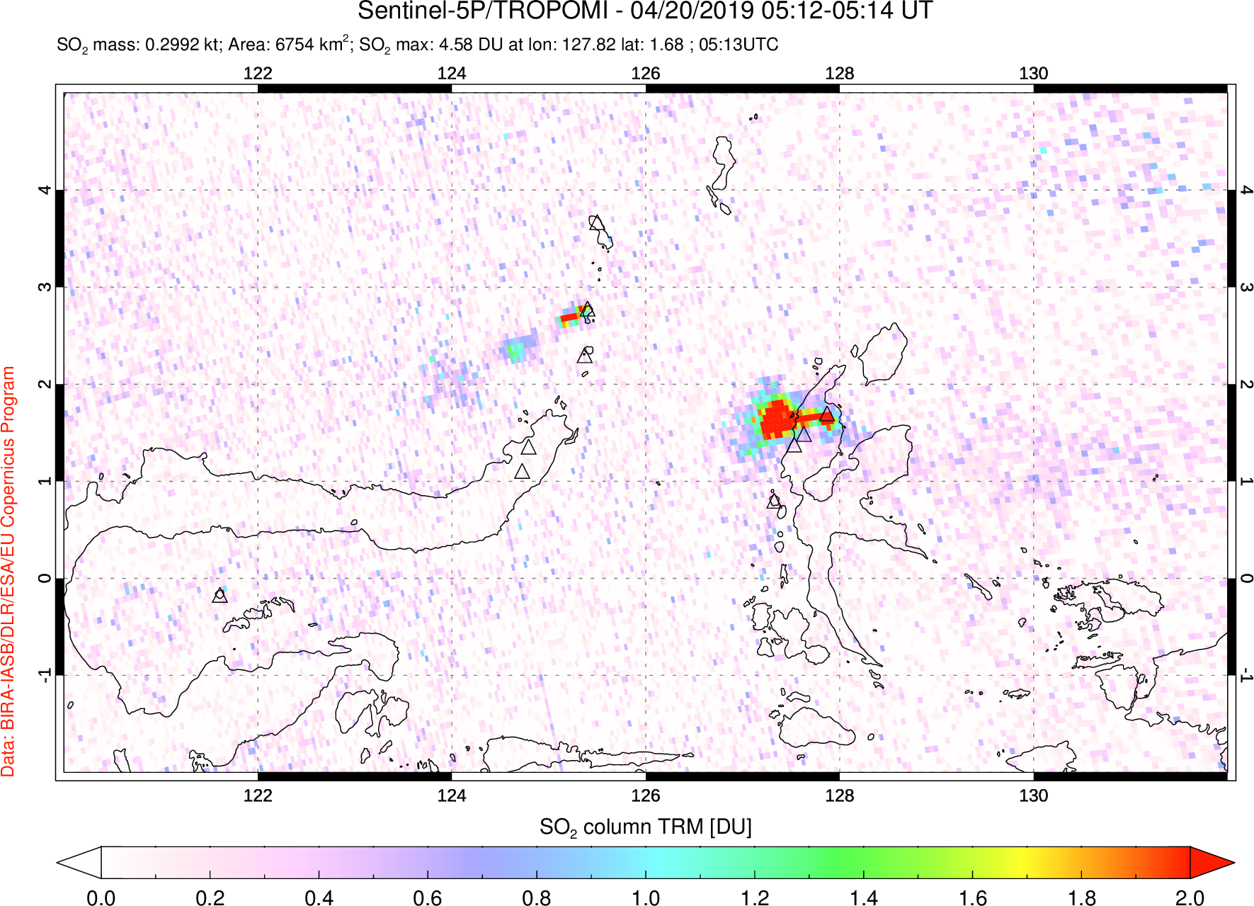A sulfur dioxide image over Northern Sulawesi & Halmahera, Indonesia on Apr 20, 2019.