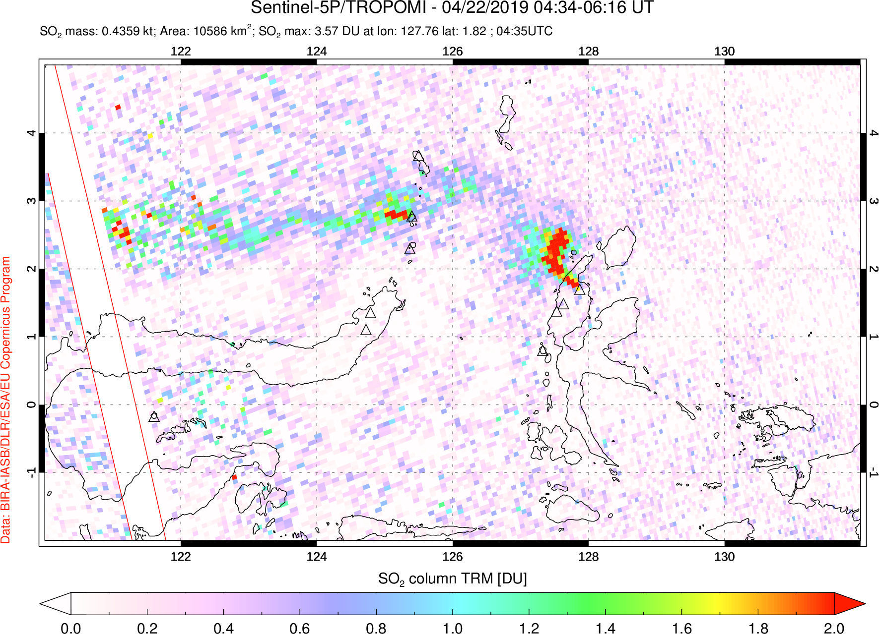 A sulfur dioxide image over Northern Sulawesi & Halmahera, Indonesia on Apr 22, 2019.
