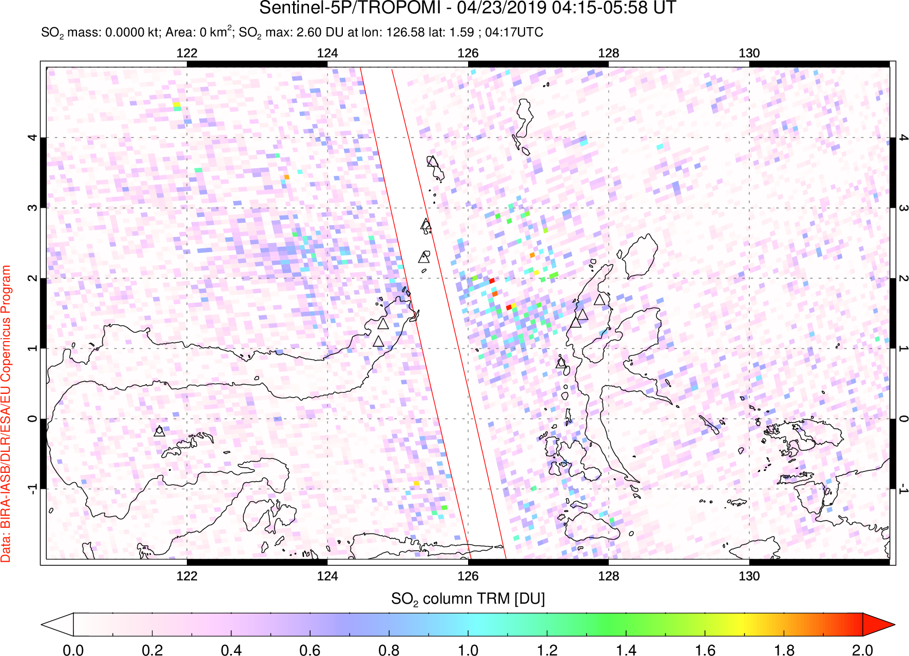 A sulfur dioxide image over Northern Sulawesi & Halmahera, Indonesia on Apr 23, 2019.