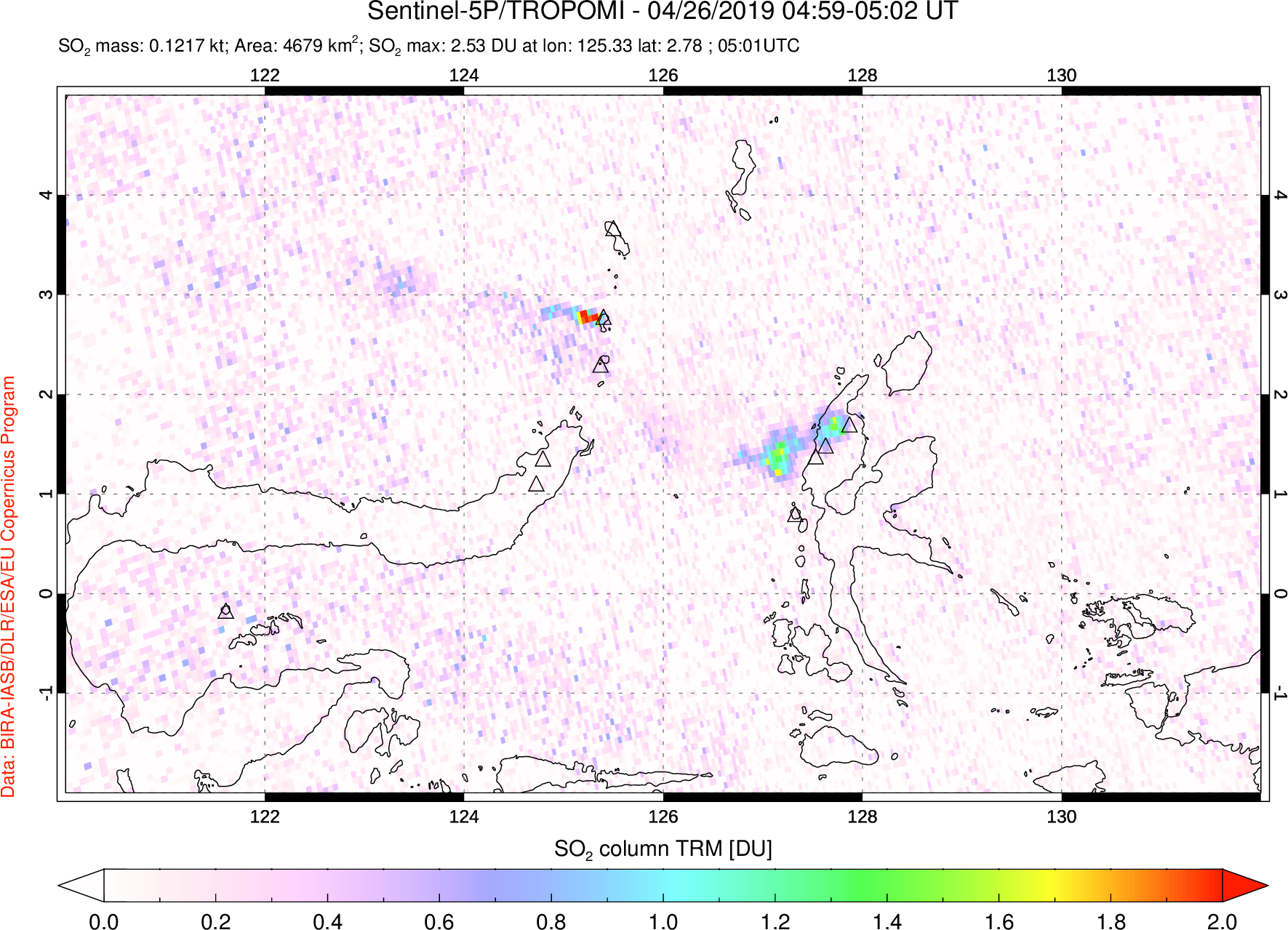 A sulfur dioxide image over Northern Sulawesi & Halmahera, Indonesia on Apr 26, 2019.