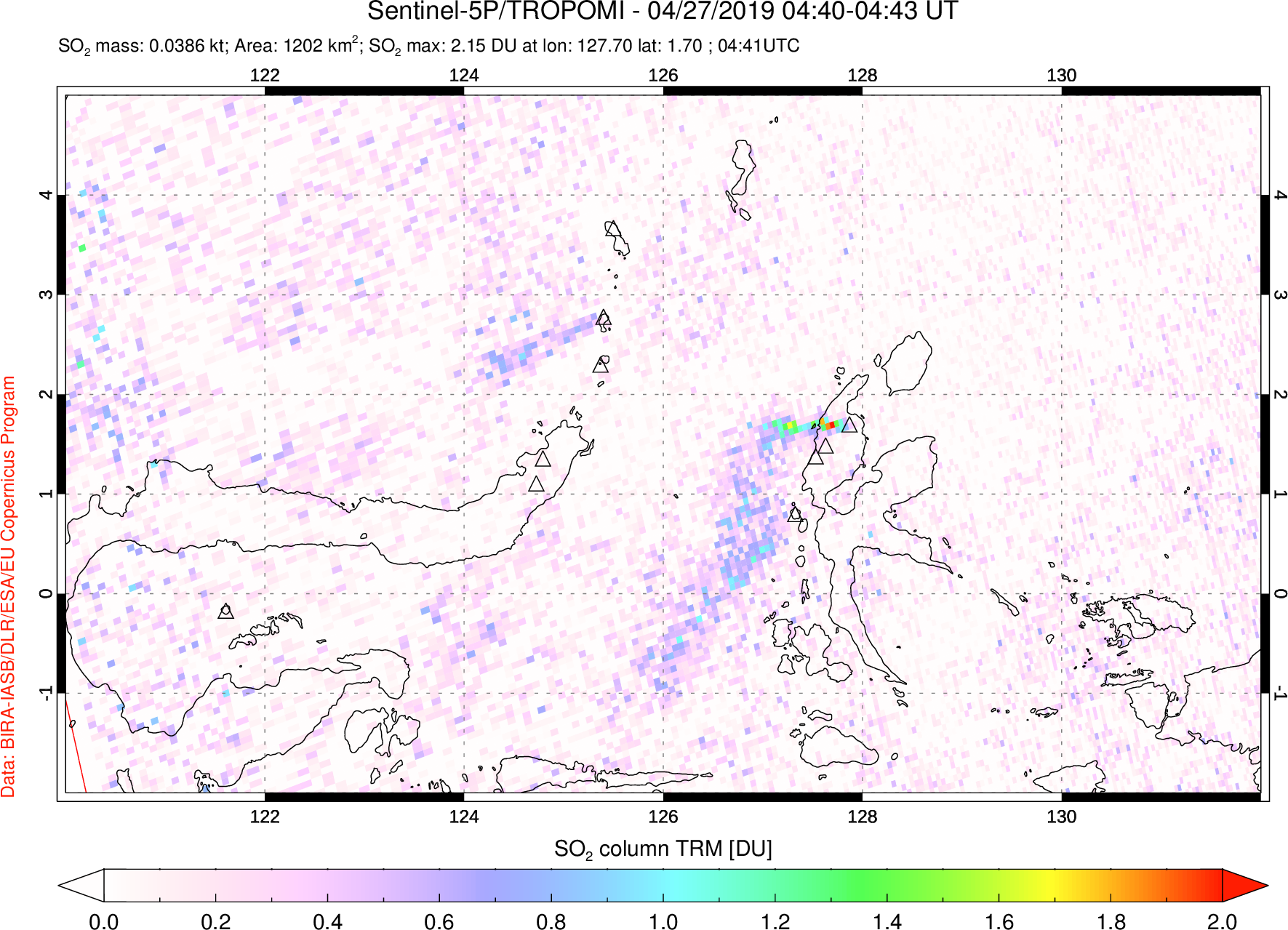 A sulfur dioxide image over Northern Sulawesi & Halmahera, Indonesia on Apr 27, 2019.