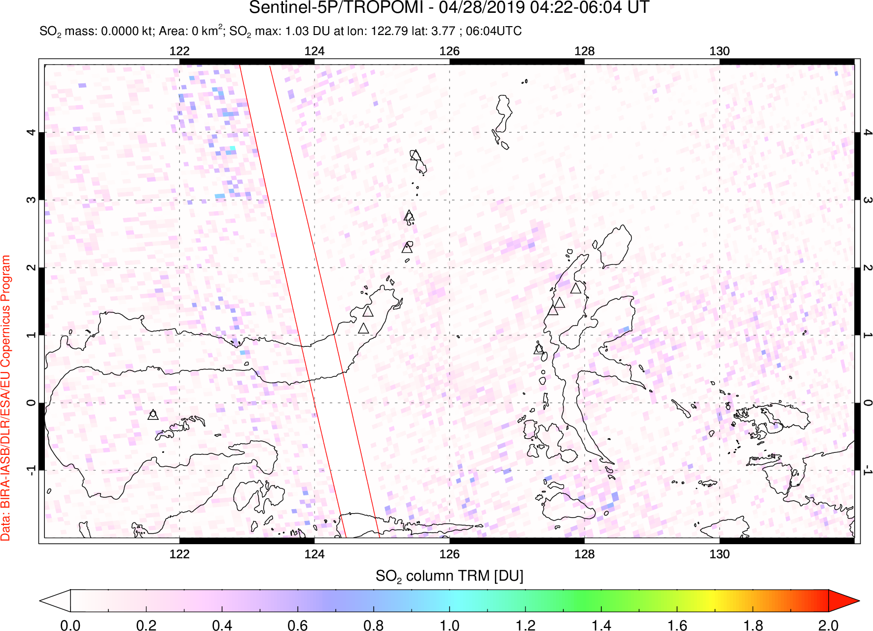 A sulfur dioxide image over Northern Sulawesi & Halmahera, Indonesia on Apr 28, 2019.