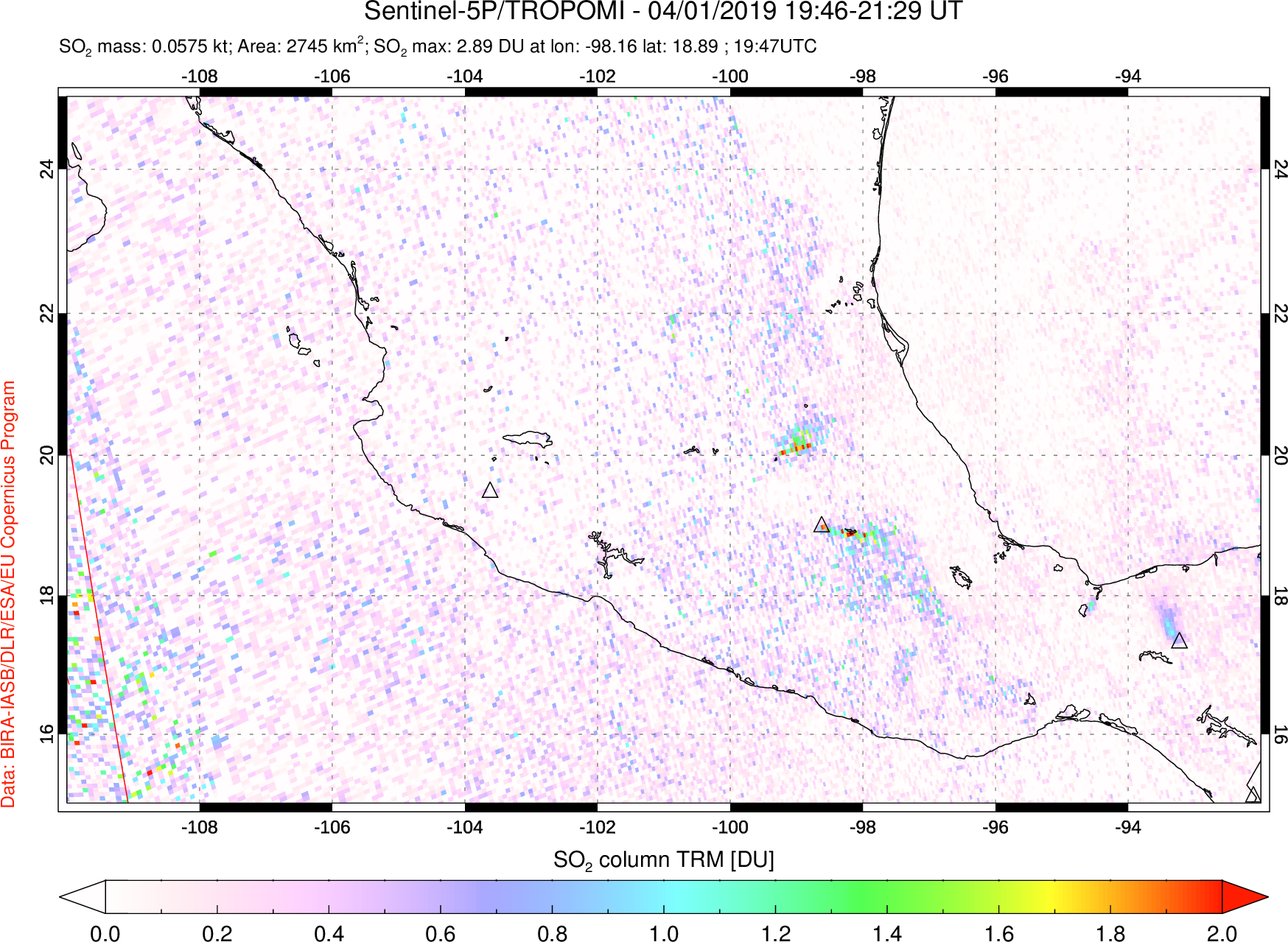 A sulfur dioxide image over Mexico on Apr 01, 2019.