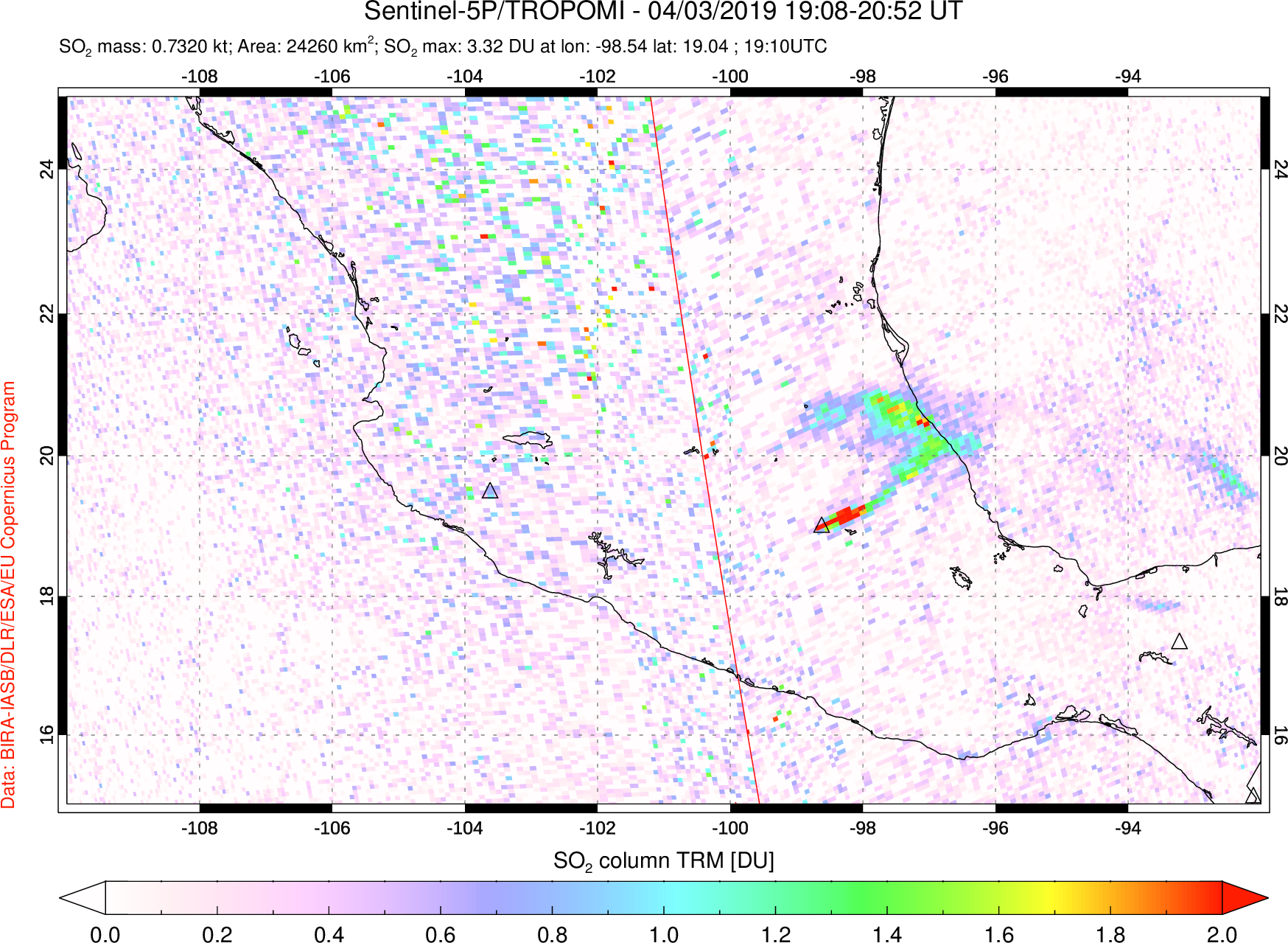 A sulfur dioxide image over Mexico on Apr 03, 2019.