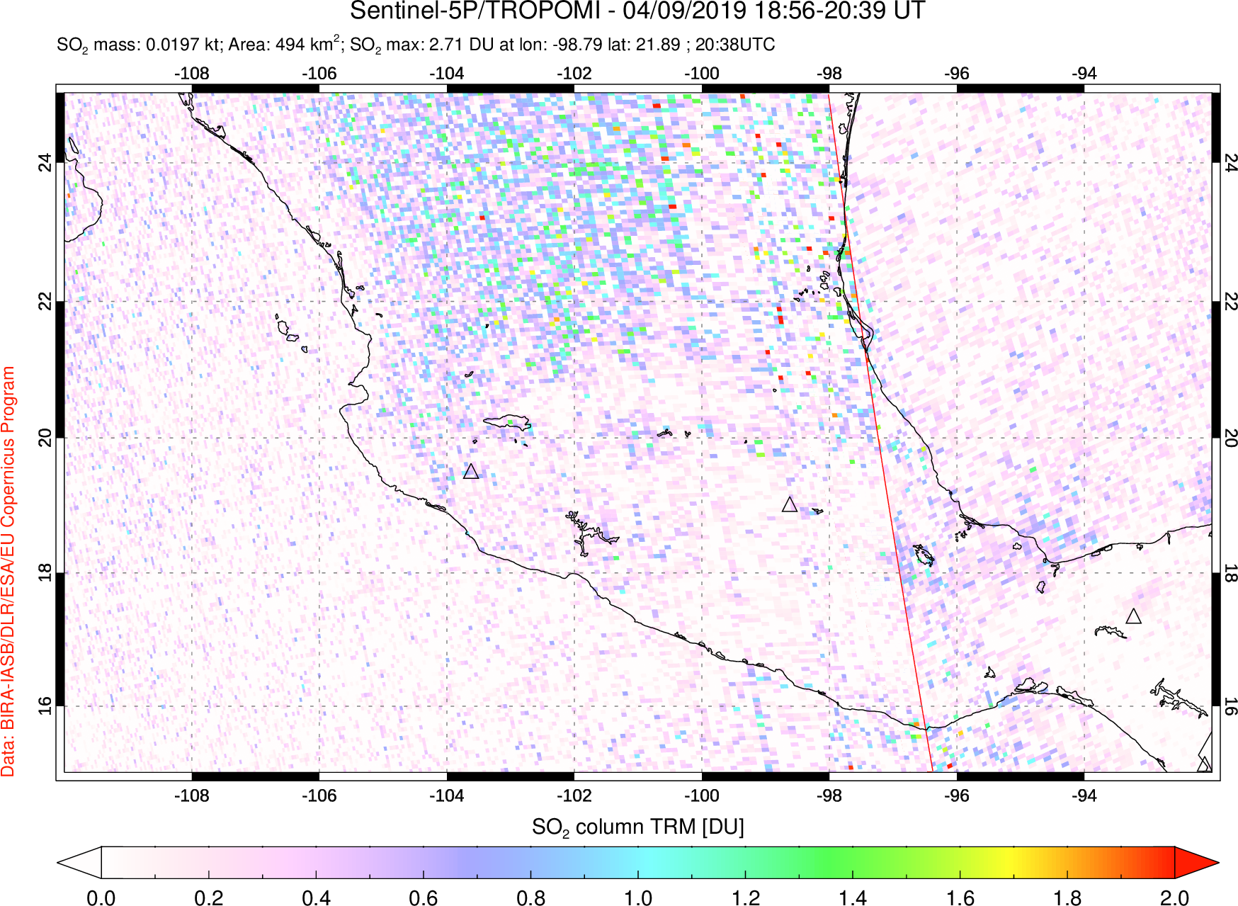 A sulfur dioxide image over Mexico on Apr 09, 2019.