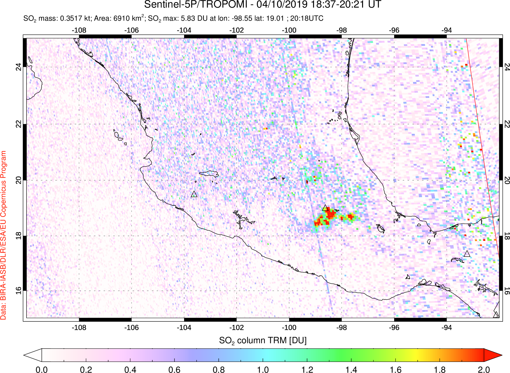 A sulfur dioxide image over Mexico on Apr 10, 2019.