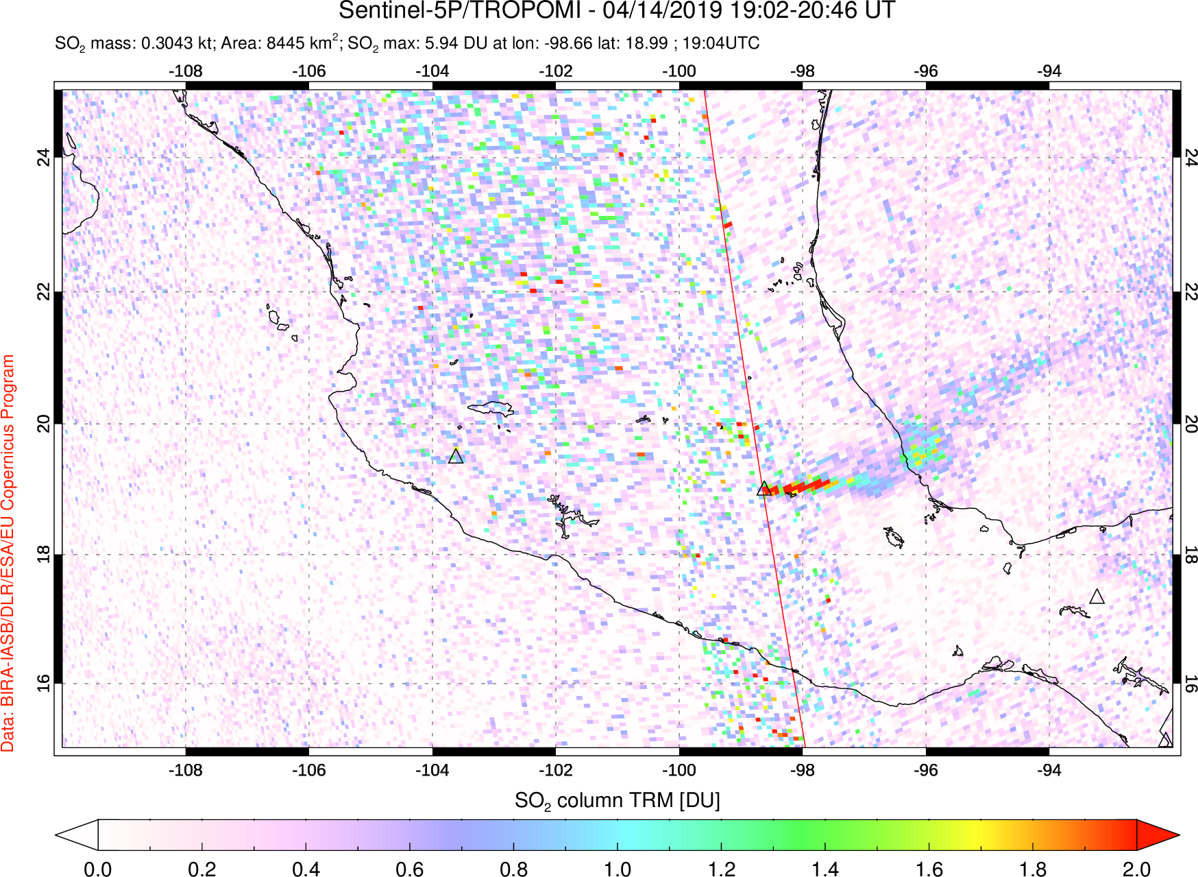 A sulfur dioxide image over Mexico on Apr 14, 2019.