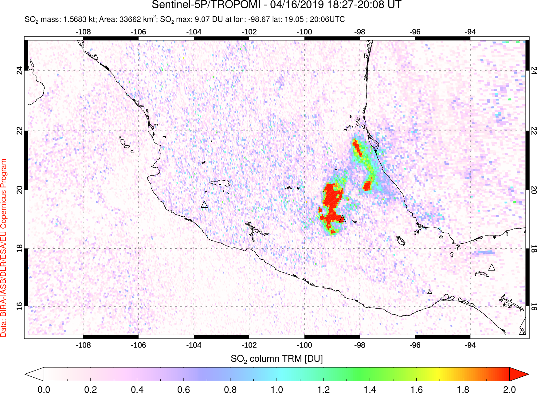 A sulfur dioxide image over Mexico on Apr 16, 2019.