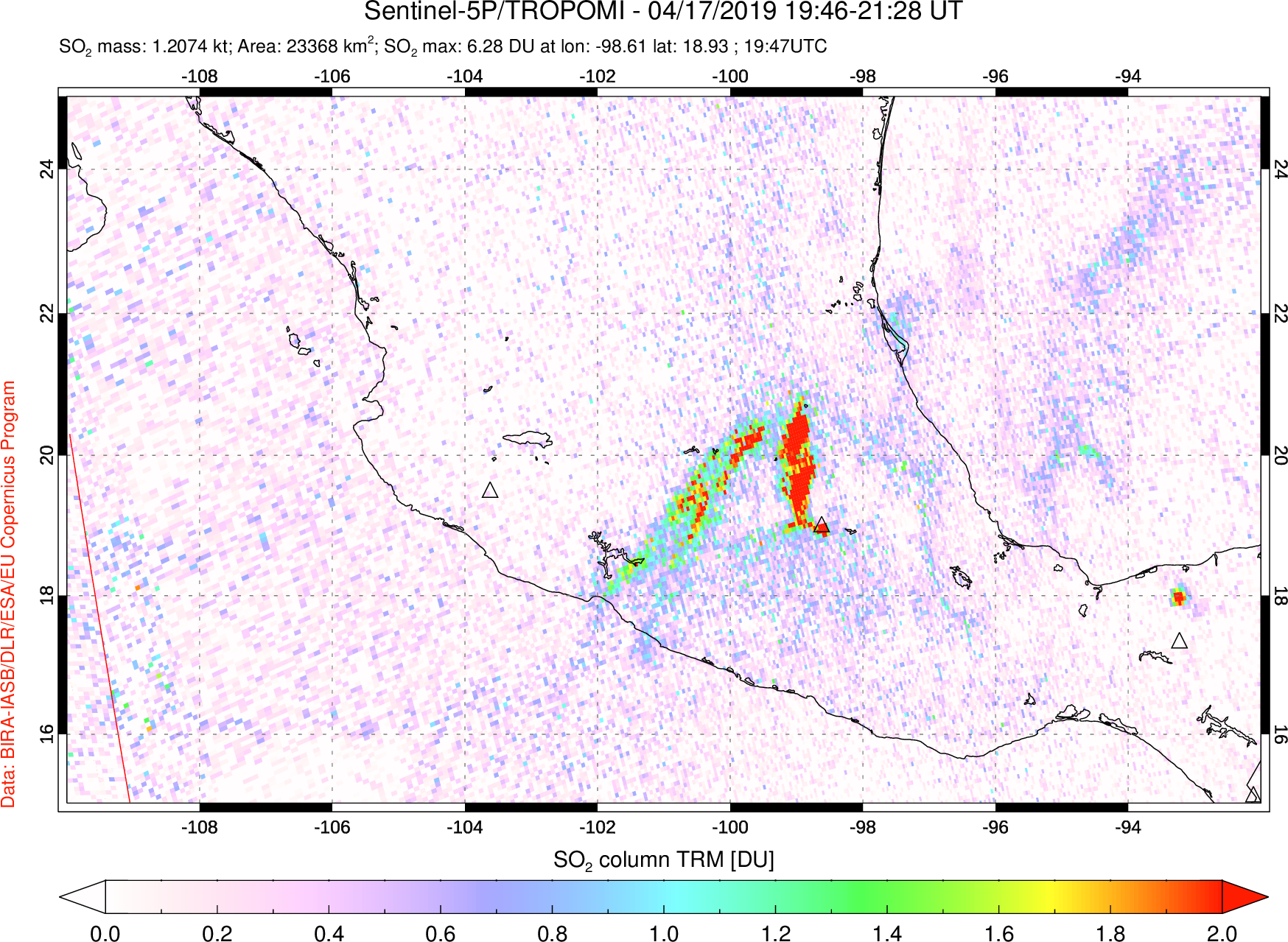 A sulfur dioxide image over Mexico on Apr 17, 2019.