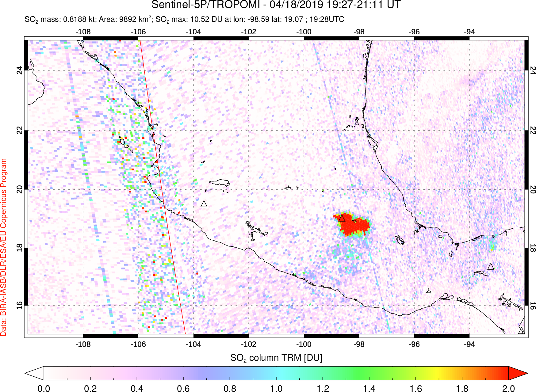 A sulfur dioxide image over Mexico on Apr 18, 2019.