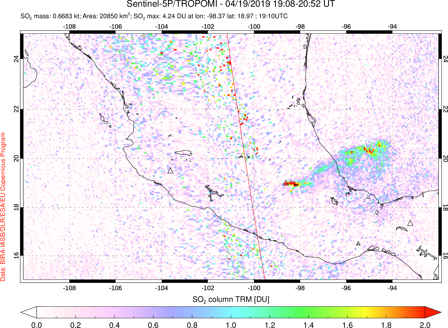A sulfur dioxide image over Mexico on Apr 19, 2019.
