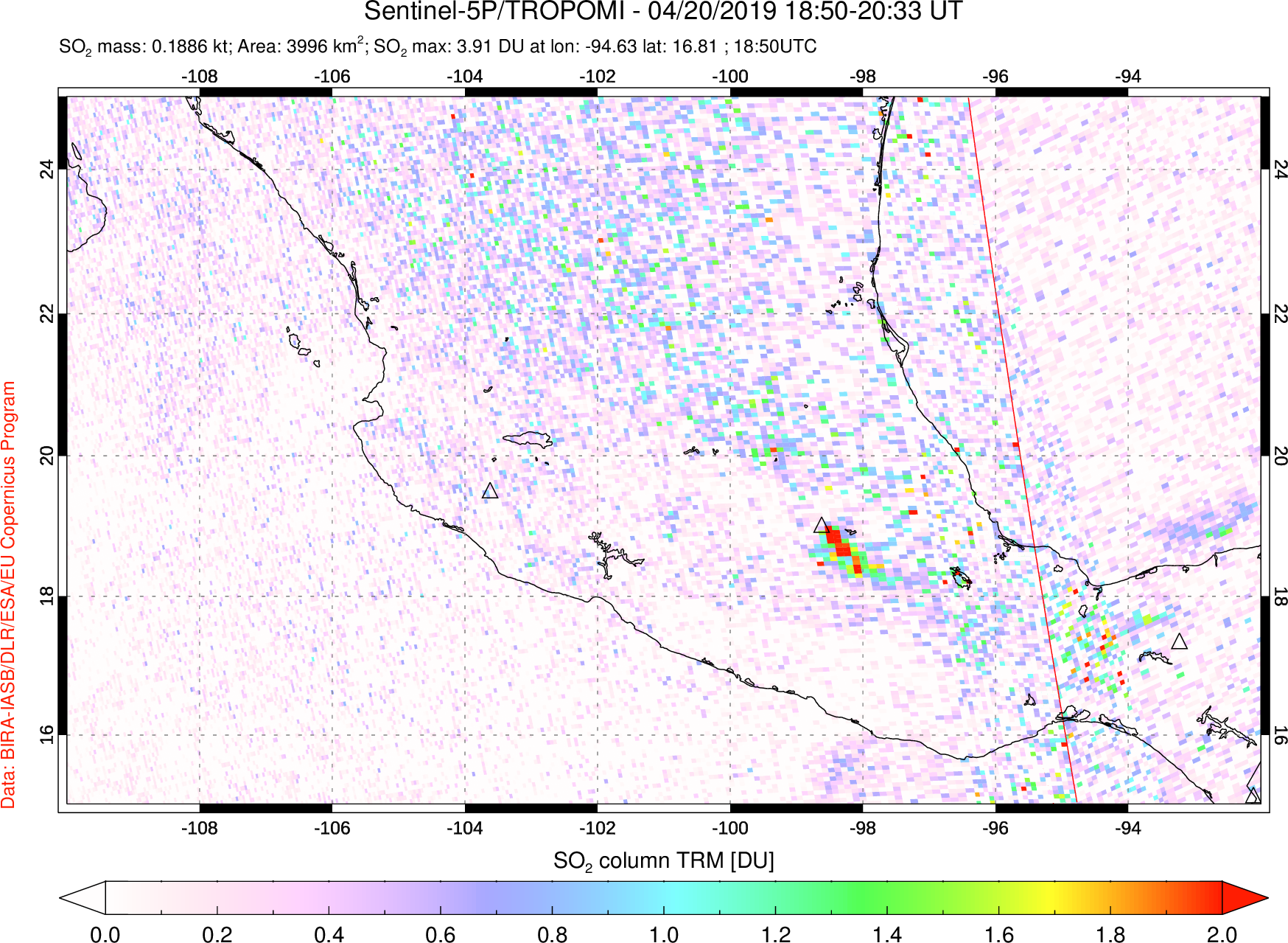 A sulfur dioxide image over Mexico on Apr 20, 2019.