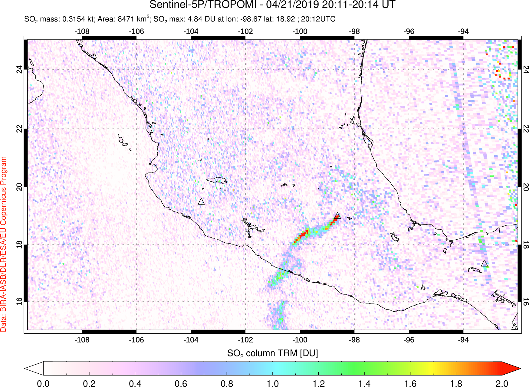A sulfur dioxide image over Mexico on Apr 21, 2019.