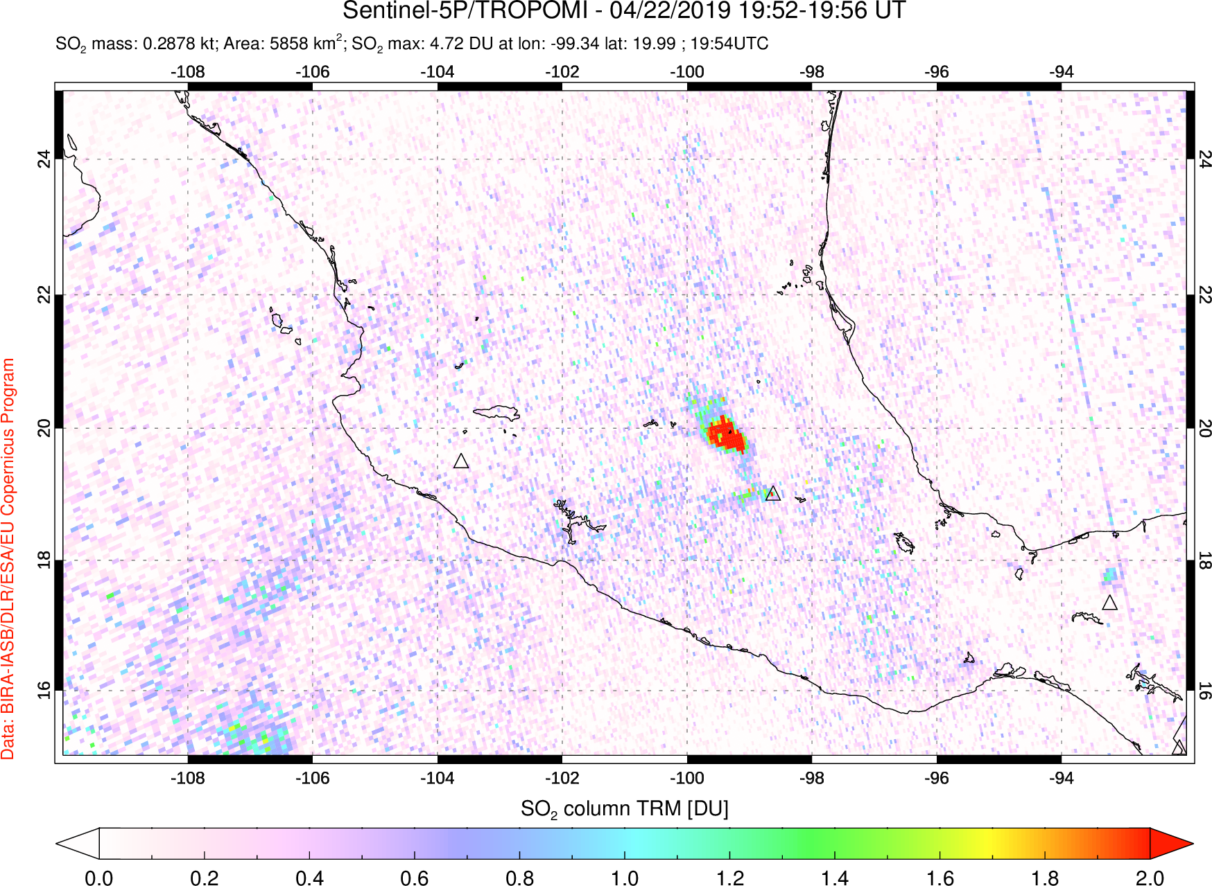 A sulfur dioxide image over Mexico on Apr 22, 2019.