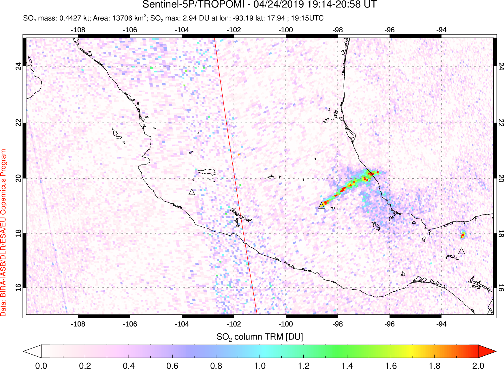 A sulfur dioxide image over Mexico on Apr 24, 2019.