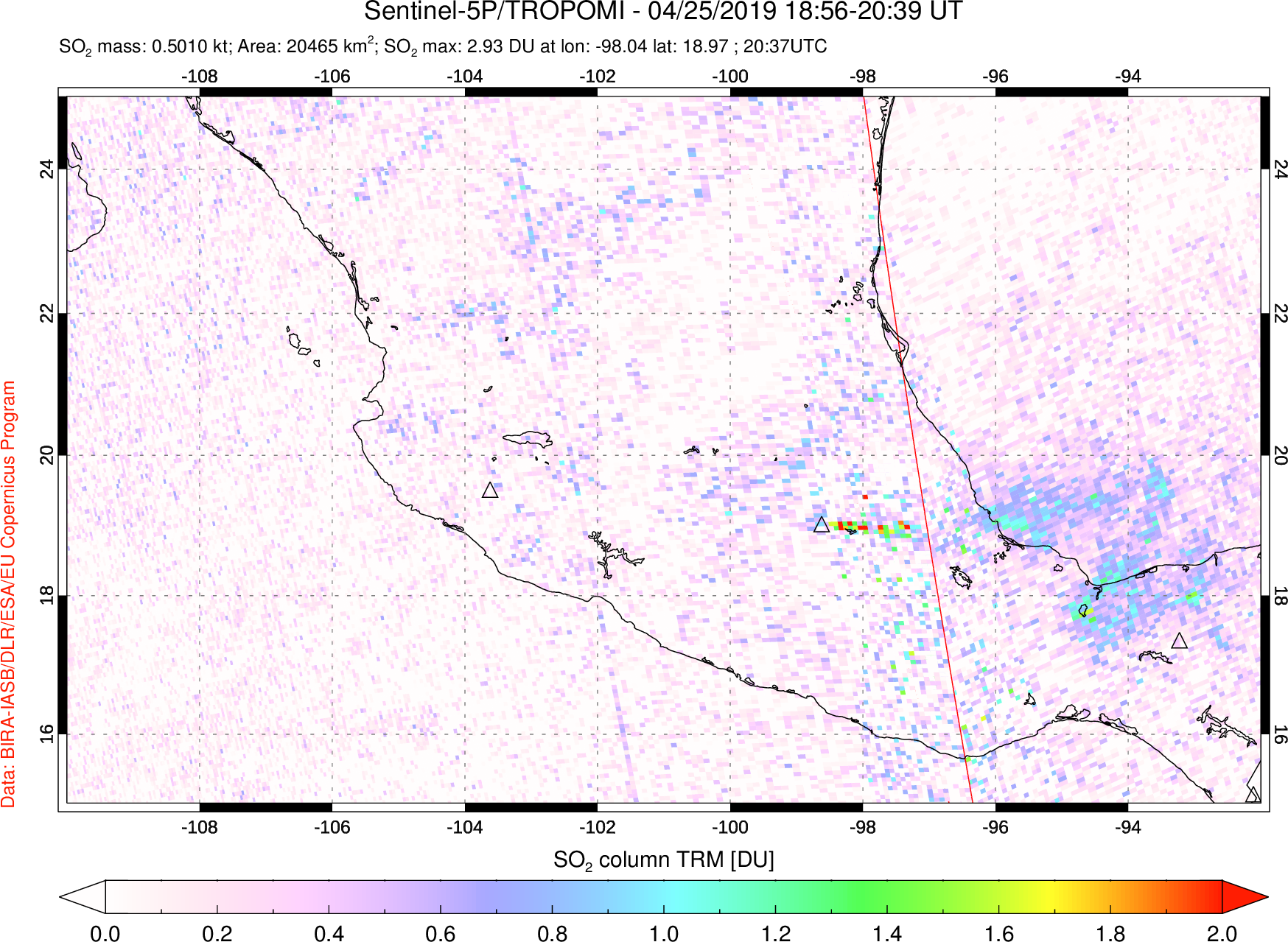 A sulfur dioxide image over Mexico on Apr 25, 2019.