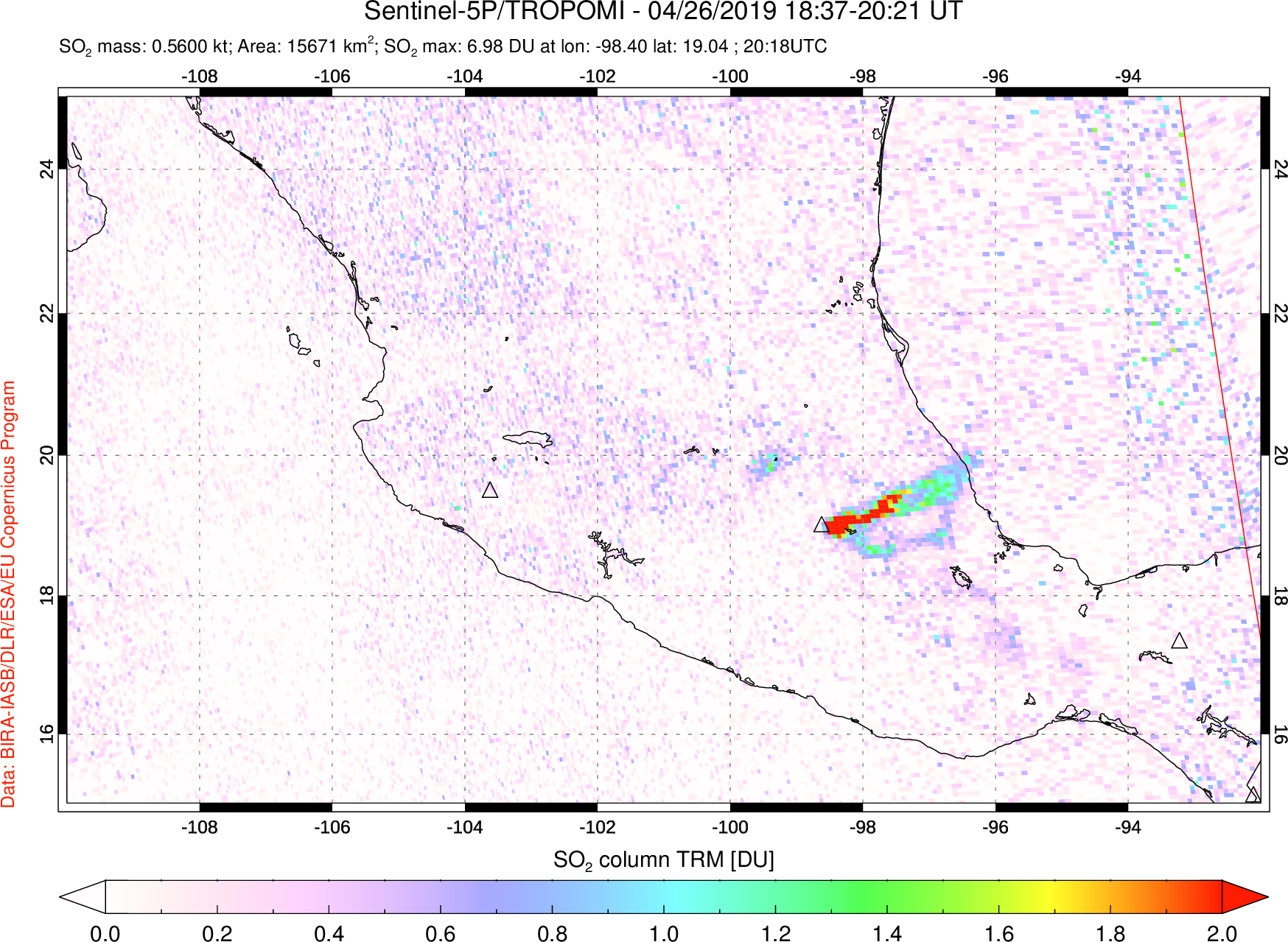 A sulfur dioxide image over Mexico on Apr 26, 2019.