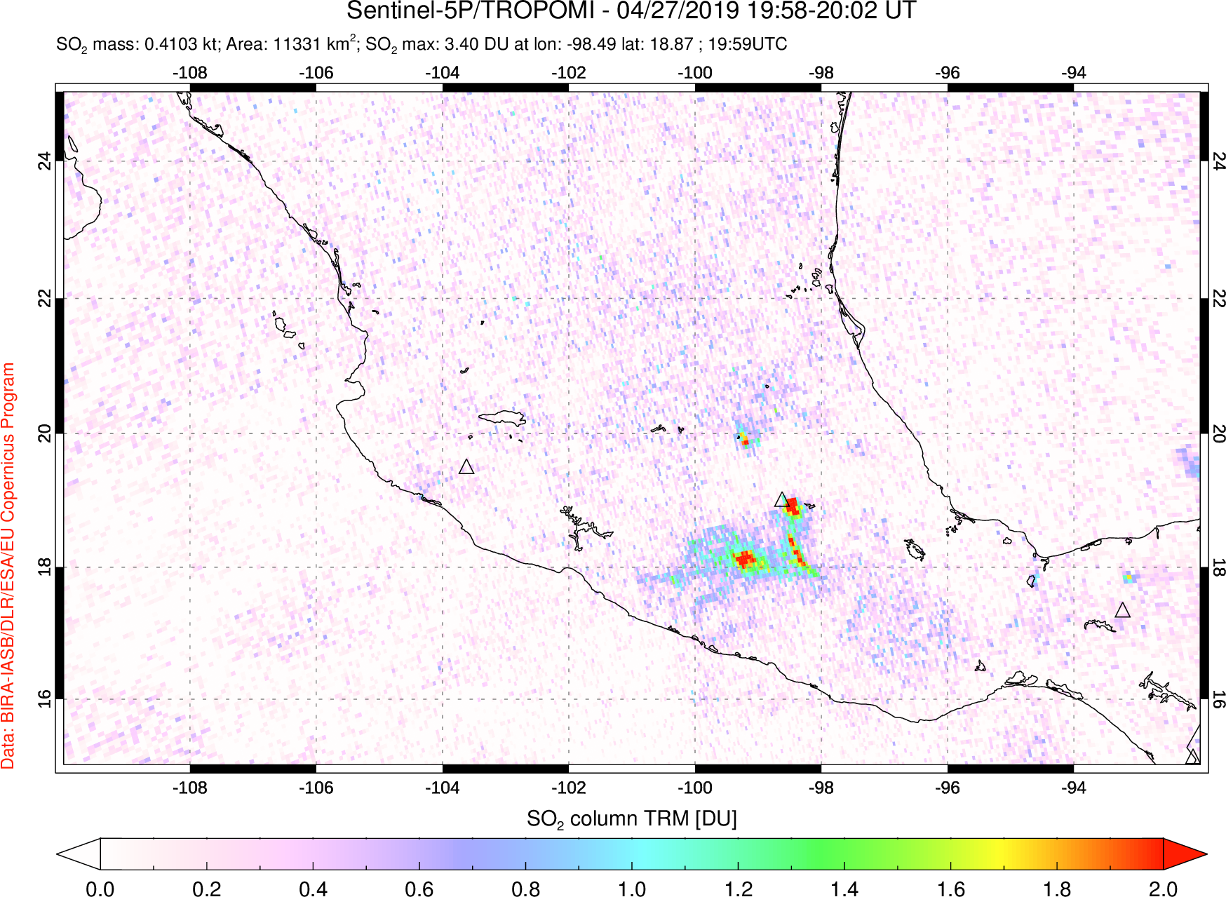 A sulfur dioxide image over Mexico on Apr 27, 2019.