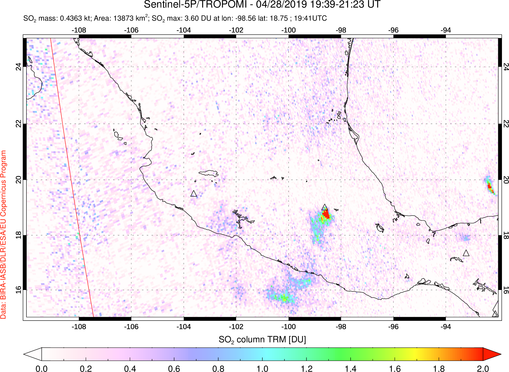 A sulfur dioxide image over Mexico on Apr 28, 2019.