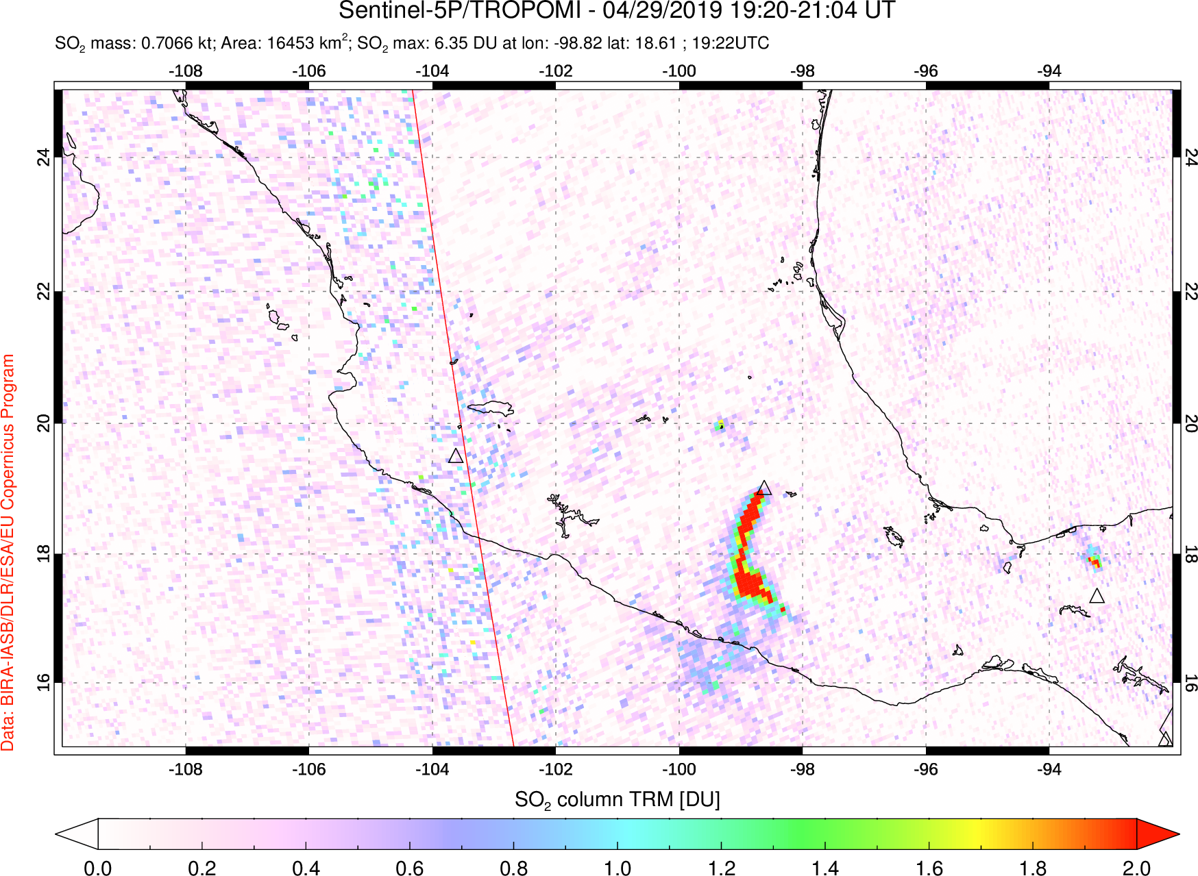 A sulfur dioxide image over Mexico on Apr 29, 2019.