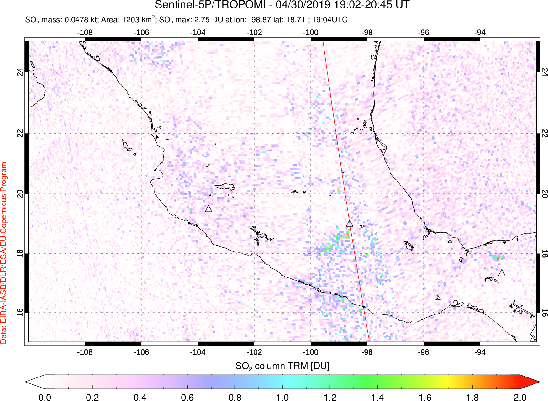 A sulfur dioxide image over Mexico on Apr 30, 2019.