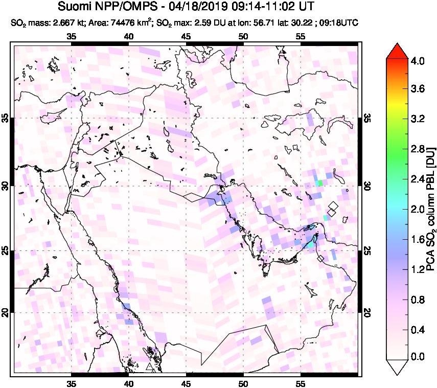 A sulfur dioxide image over Middle East on Apr 18, 2019.