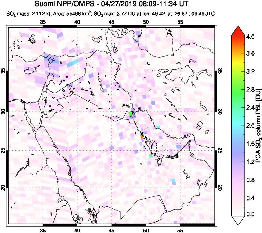 A sulfur dioxide image over Middle East on Apr 27, 2019.