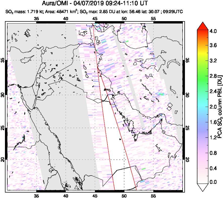 A sulfur dioxide image over Middle East on Apr 07, 2019.