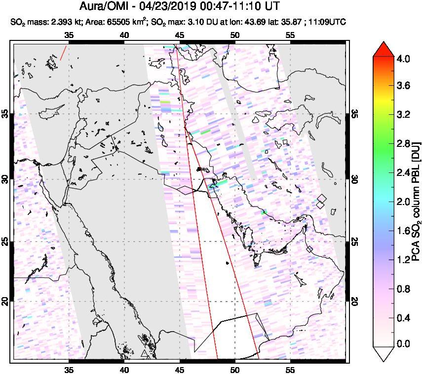 A sulfur dioxide image over Middle East on Apr 23, 2019.